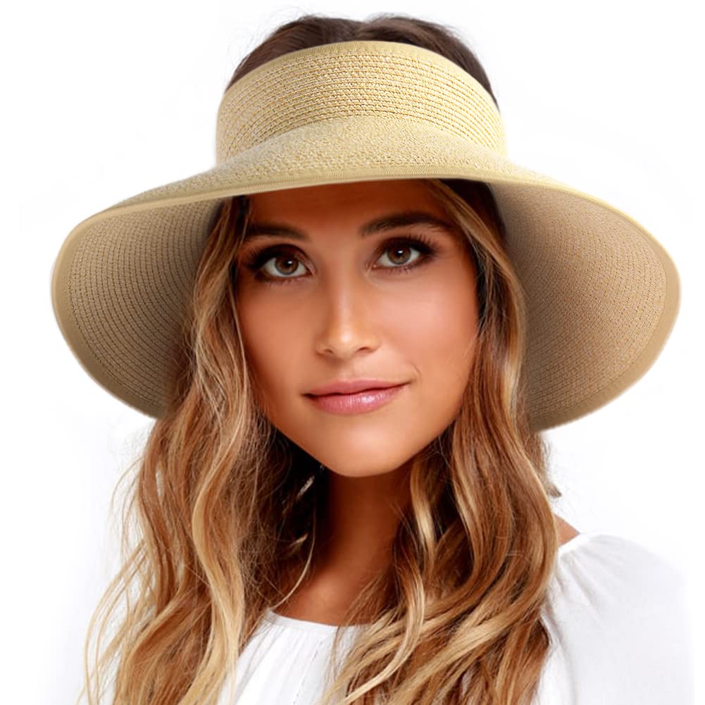 FURTALK Sun Hats for Women Wide Brim Beach Hat Straw Visor Ponytail Summer UV Packable Foldable Beach Vacation Essentials