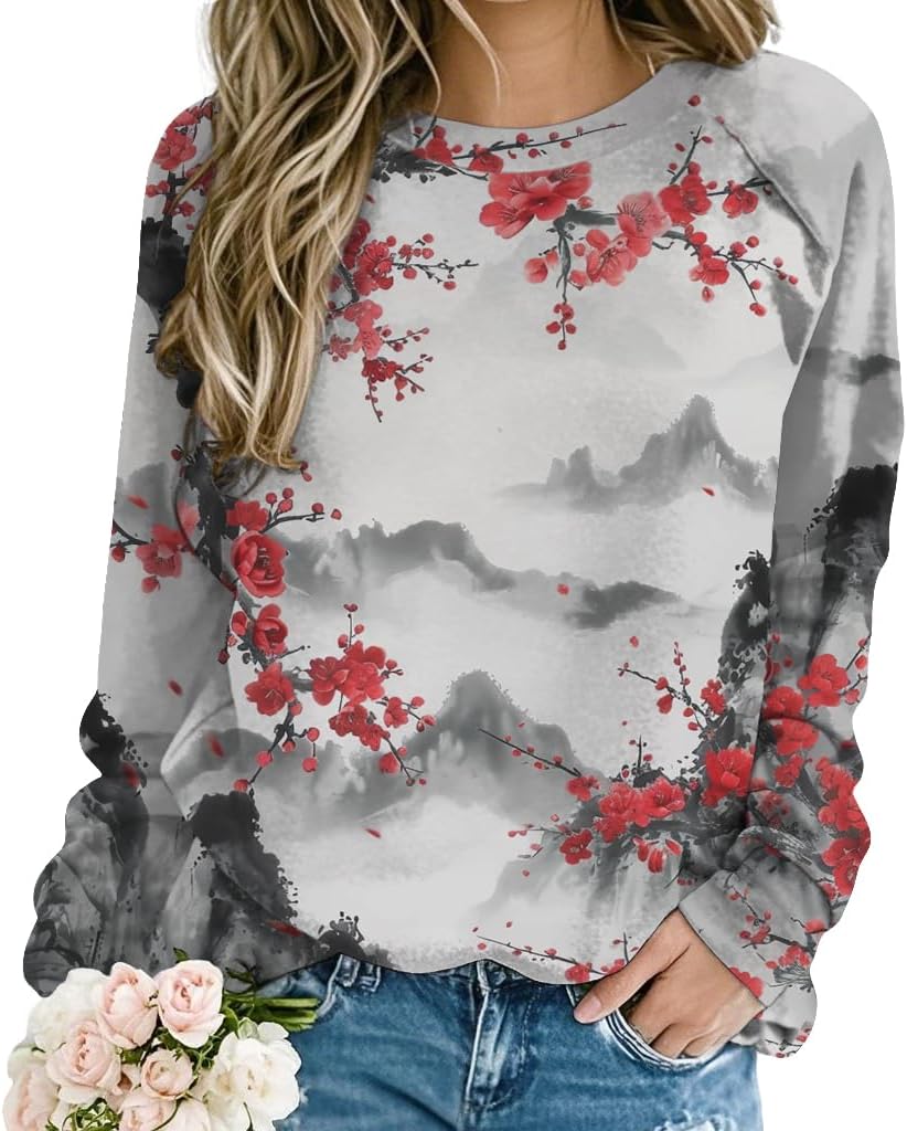 Womens Floral Long Sleeve Crewneck Sweatshirts Loose Fit Casual Fall Sweatshirt Graphic Shirts Vintage Trendy Tops for Women 2025 Fashion Hoodies for Women Floral Print 19 3XL