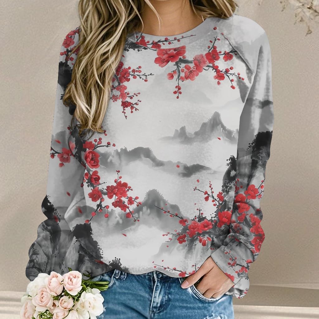 Womens Floral Long Sleeve Crewneck Sweatshirts Loose Fit Casual Fall Sweatshirt Graphic Shirts Vintage Trendy Tops for Women 2025 Fashion Hoodies for Women Floral Print 19 3XL