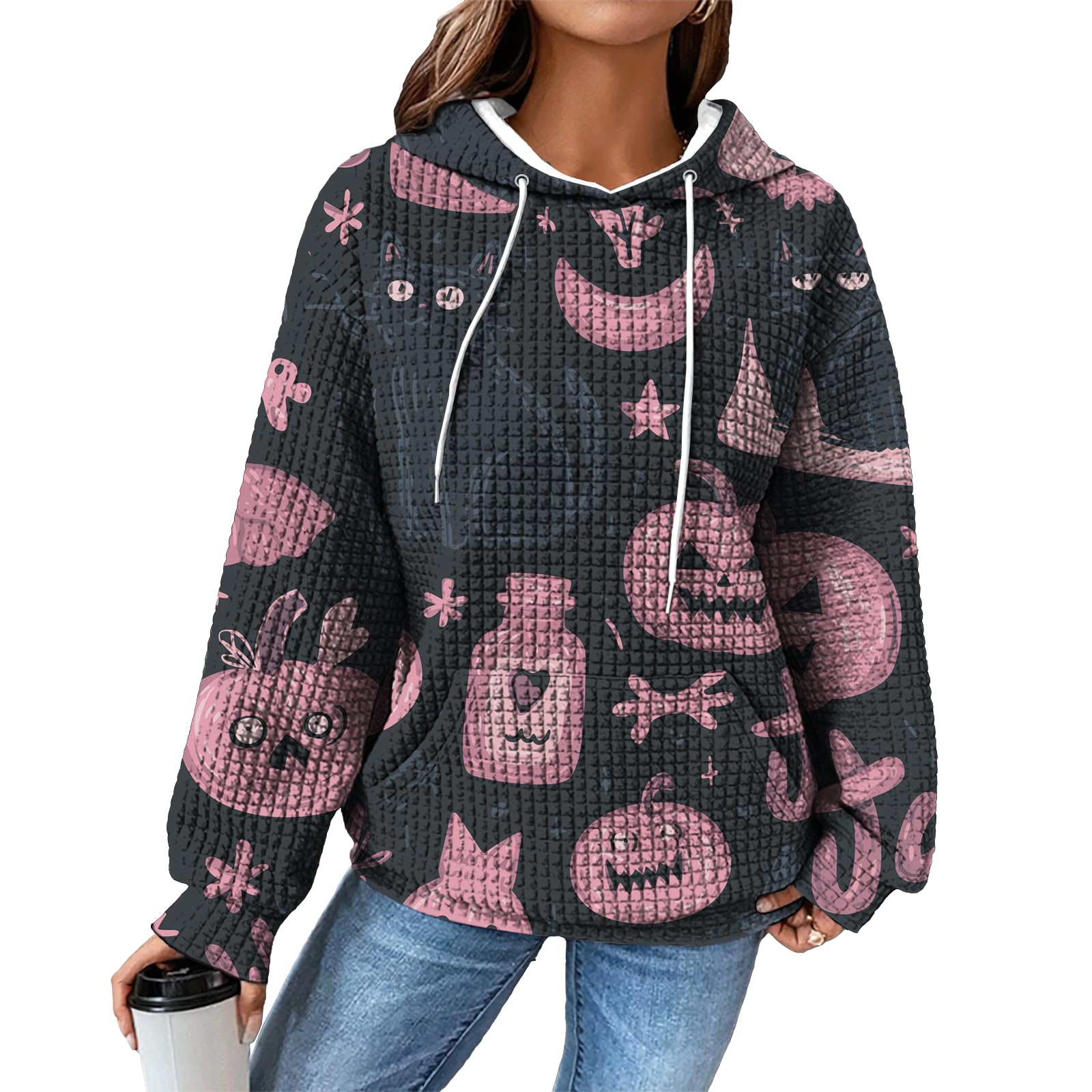 domirica Hoodies for Women Graphic Waffle Pullover Tops Crewneck Drawstring Casual Hooded Sweatshirt with Pocket