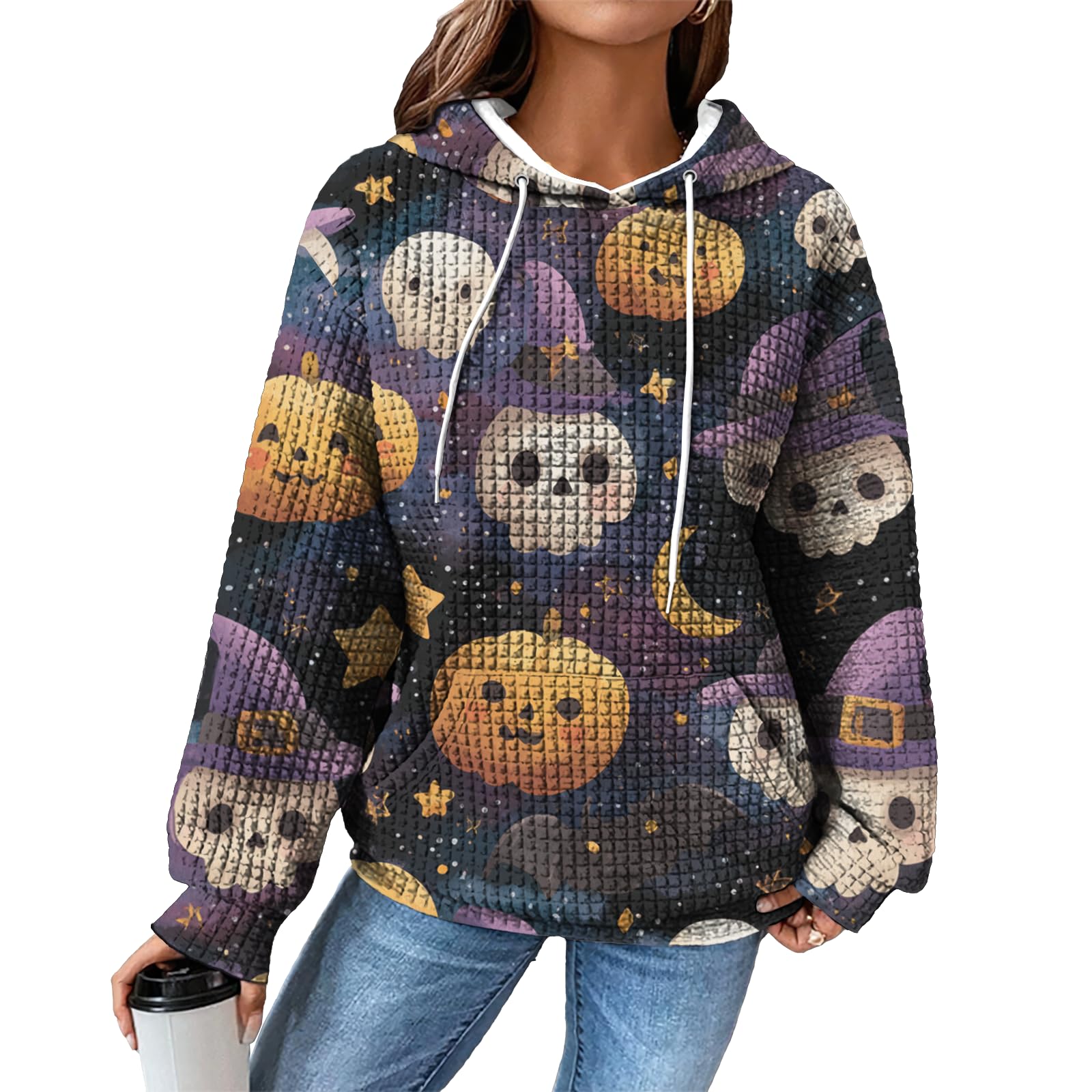 domirica Hoodies for Women Graphic Waffle Pullover Tops Crewneck Drawstring Casual Hooded Sweatshirt with Pocket