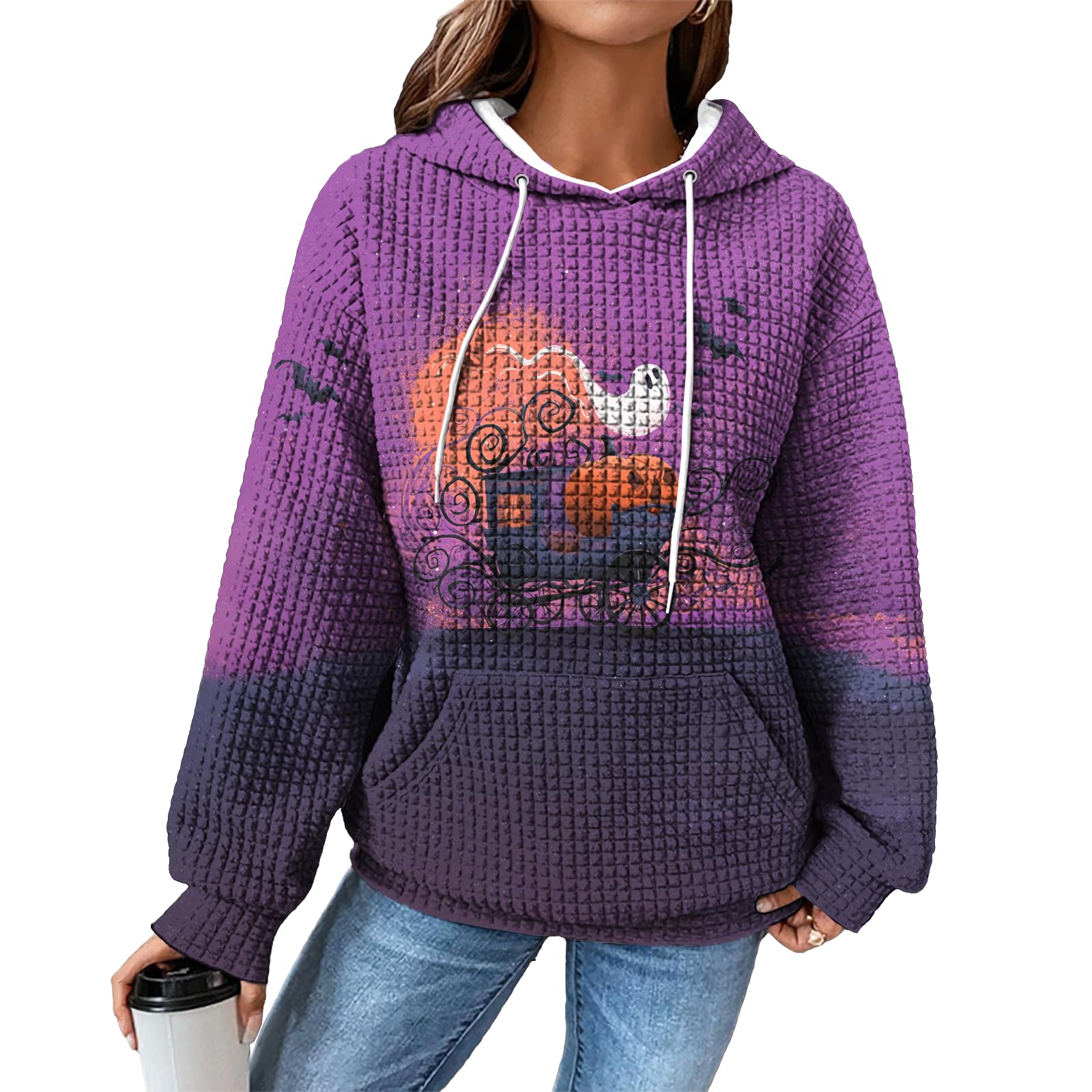 domirica Hoodies for Women Graphic Waffle Pullover Tops Crewneck Drawstring Casual Hooded Sweatshirt with Pocket