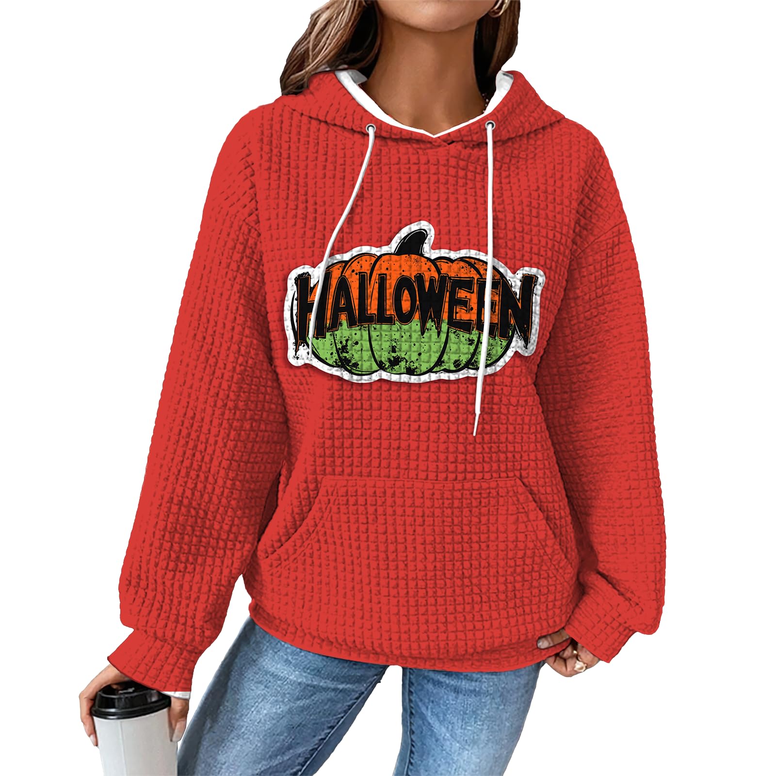 domirica Hoodies for Women Graphic Waffle Pullover Tops Crewneck Drawstring Casual Hooded Sweatshirt with Pocket