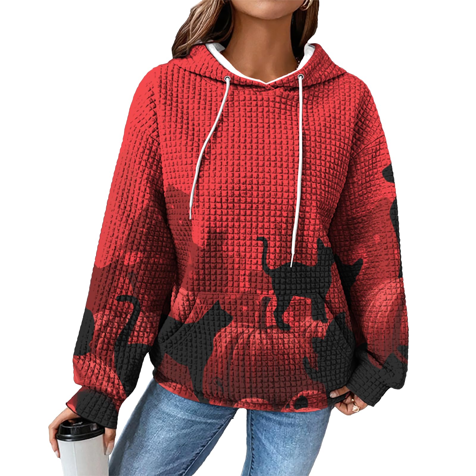 domirica Hoodies for Women Graphic Waffle Pullover Tops Crewneck Drawstring Casual Hooded Sweatshirt with Pocket