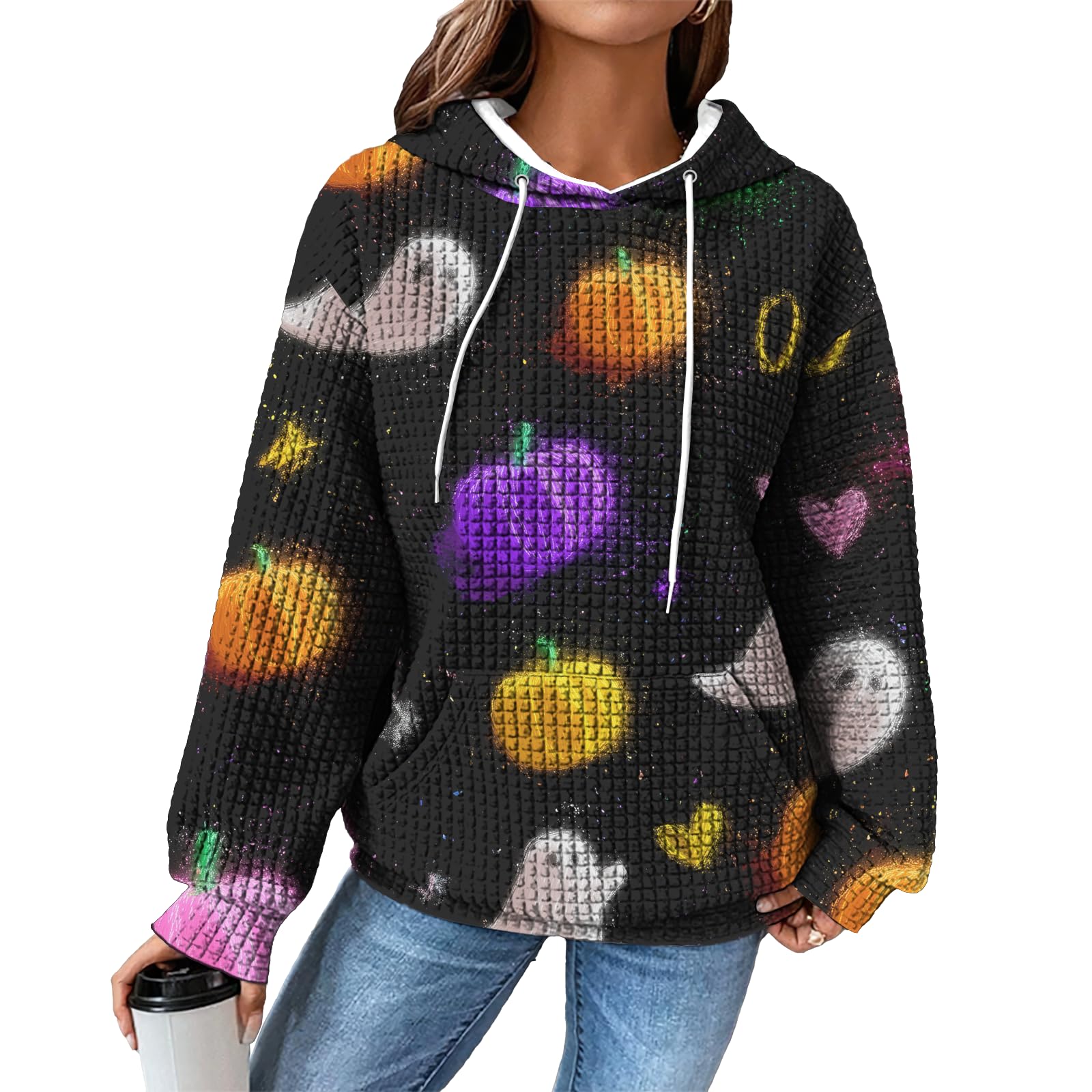 domirica Hoodies for Women Graphic Waffle Pullover Tops Crewneck Drawstring Casual Hooded Sweatshirt with Pocket