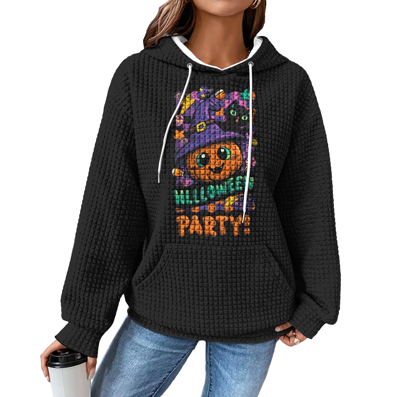 domirica Hoodies for Women Graphic Waffle Pullover Tops Crewneck Drawstring Casual Hooded Sweatshirt with Pocket