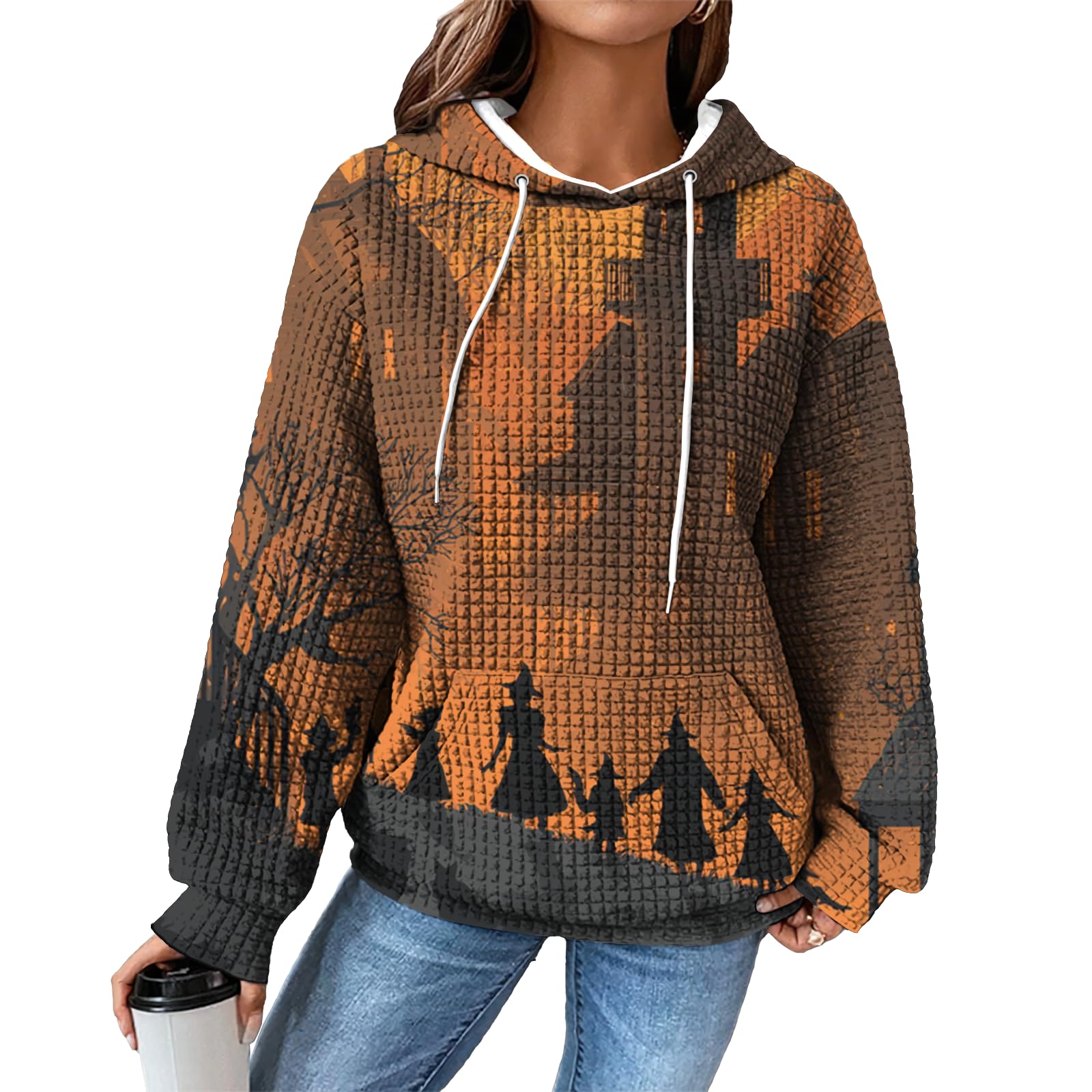 domirica Hoodies for Women Graphic Waffle Pullover Tops Crewneck Drawstring Casual Hooded Sweatshirt with Pocket