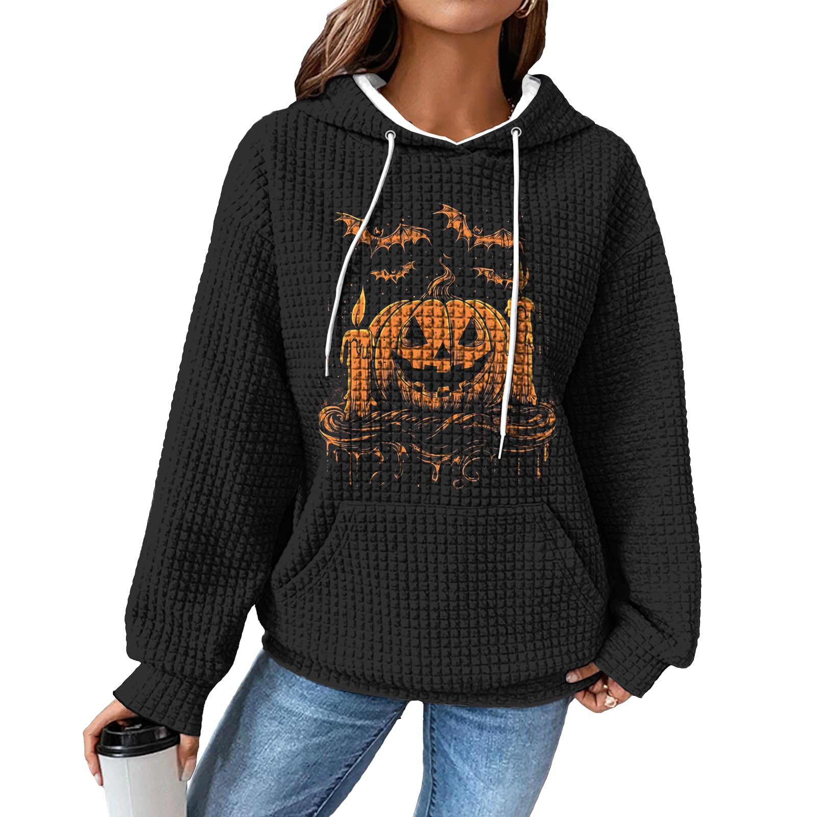 domirica Hoodies for Women Graphic Waffle Pullover Tops Crewneck Drawstring Casual Hooded Sweatshirt with Pocket