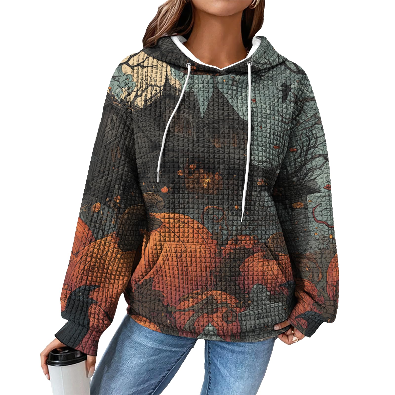 domirica Hoodies for Women Graphic Waffle Pullover Tops Crewneck Drawstring Casual Hooded Sweatshirt with Pocket