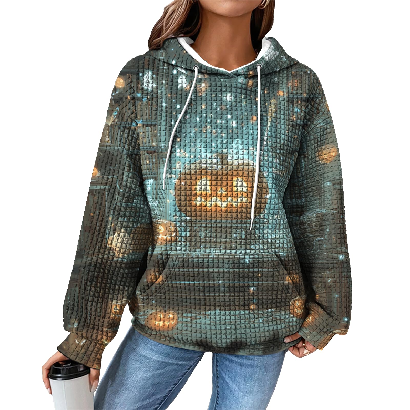 domirica Hoodies for Women Graphic Waffle Pullover Tops Crewneck Drawstring Casual Hooded Sweatshirt with Pocket