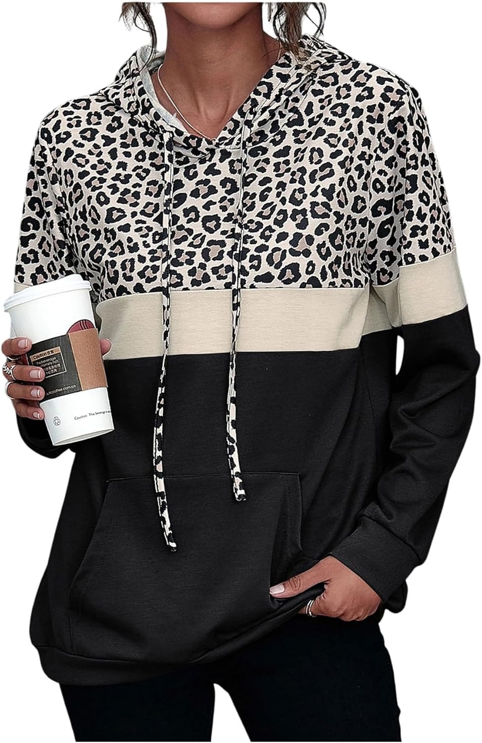 Milumia Women's Leopard Print Hoodies Color Block Long Sleeve Drawstring Sweatshirt with Pockets