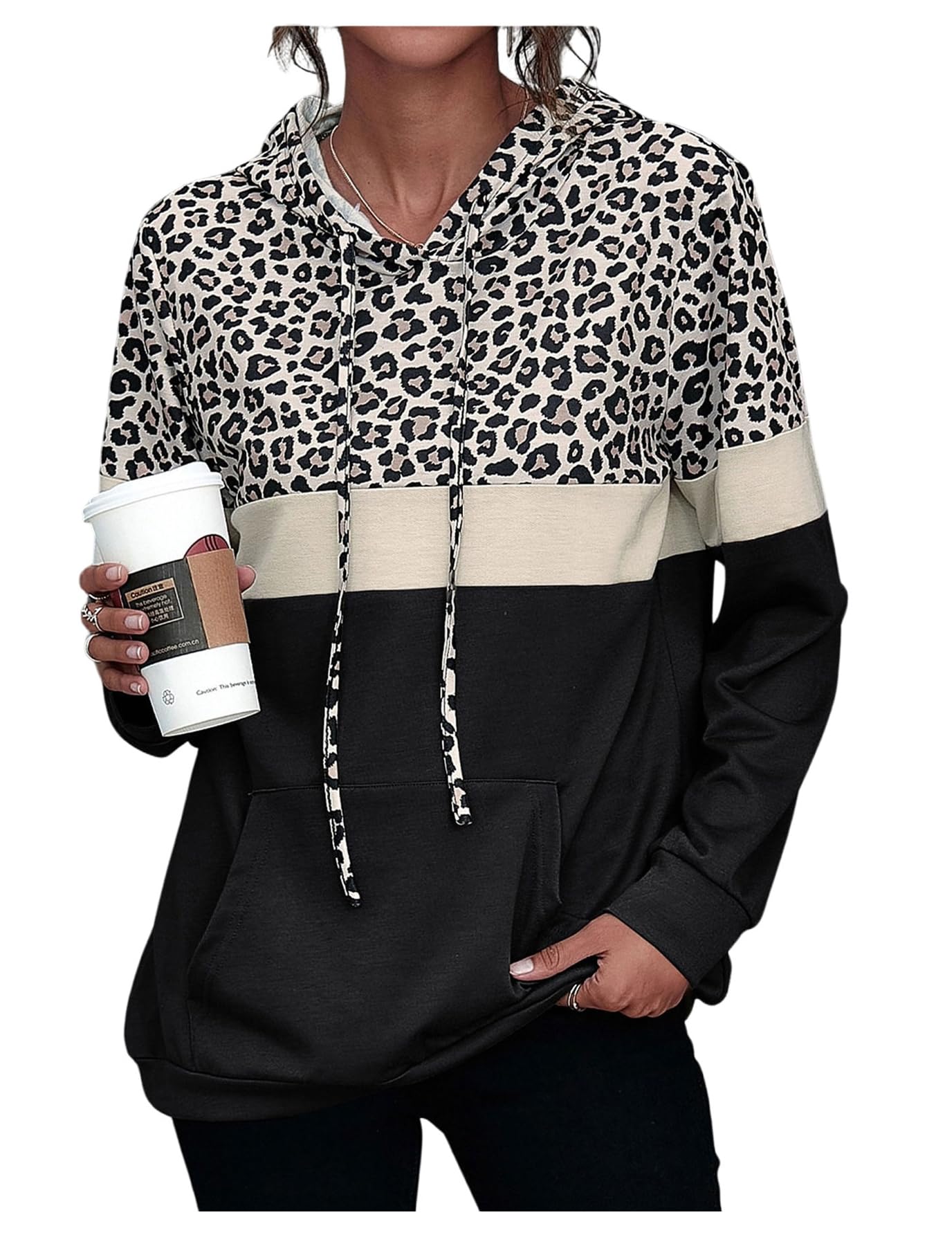 Milumia Women's Leopard Print Hoodies Color Block Long Sleeve Drawstring Sweatshirt with Pockets