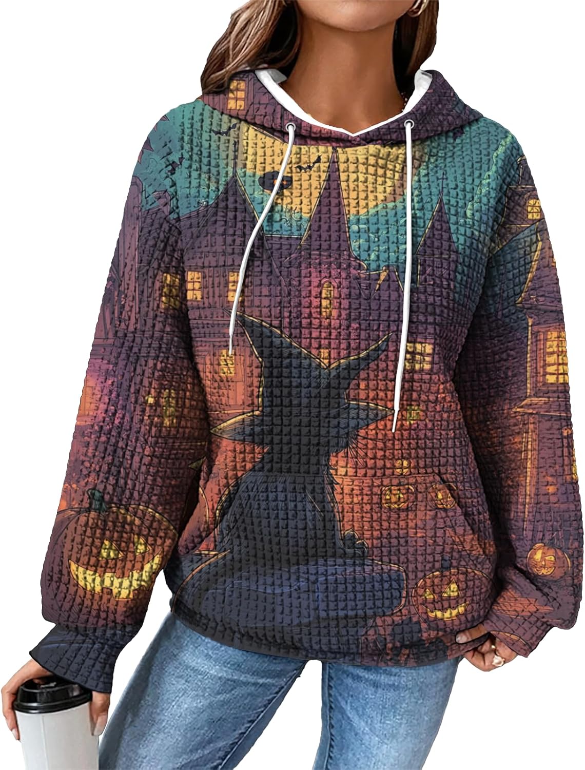 domirica Hoodies for Women Graphic Waffle Pullover Tops Crewneck Drawstring Casual Hooded Sweatshirt with Pocket