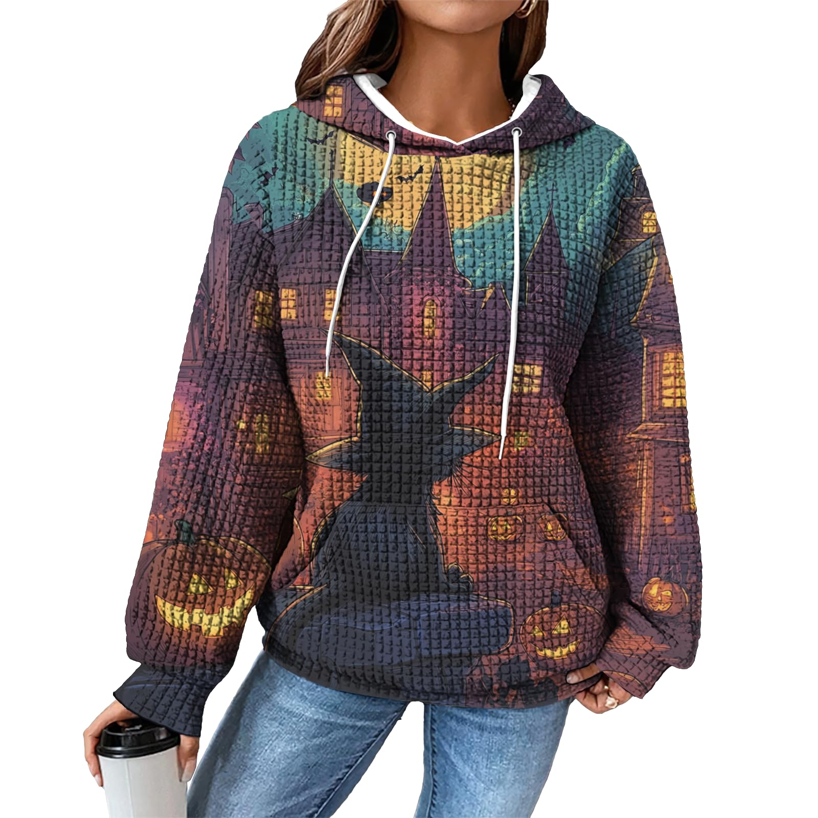 domirica Hoodies for Women Graphic Waffle Pullover Tops Crewneck Drawstring Casual Hooded Sweatshirt with Pocket