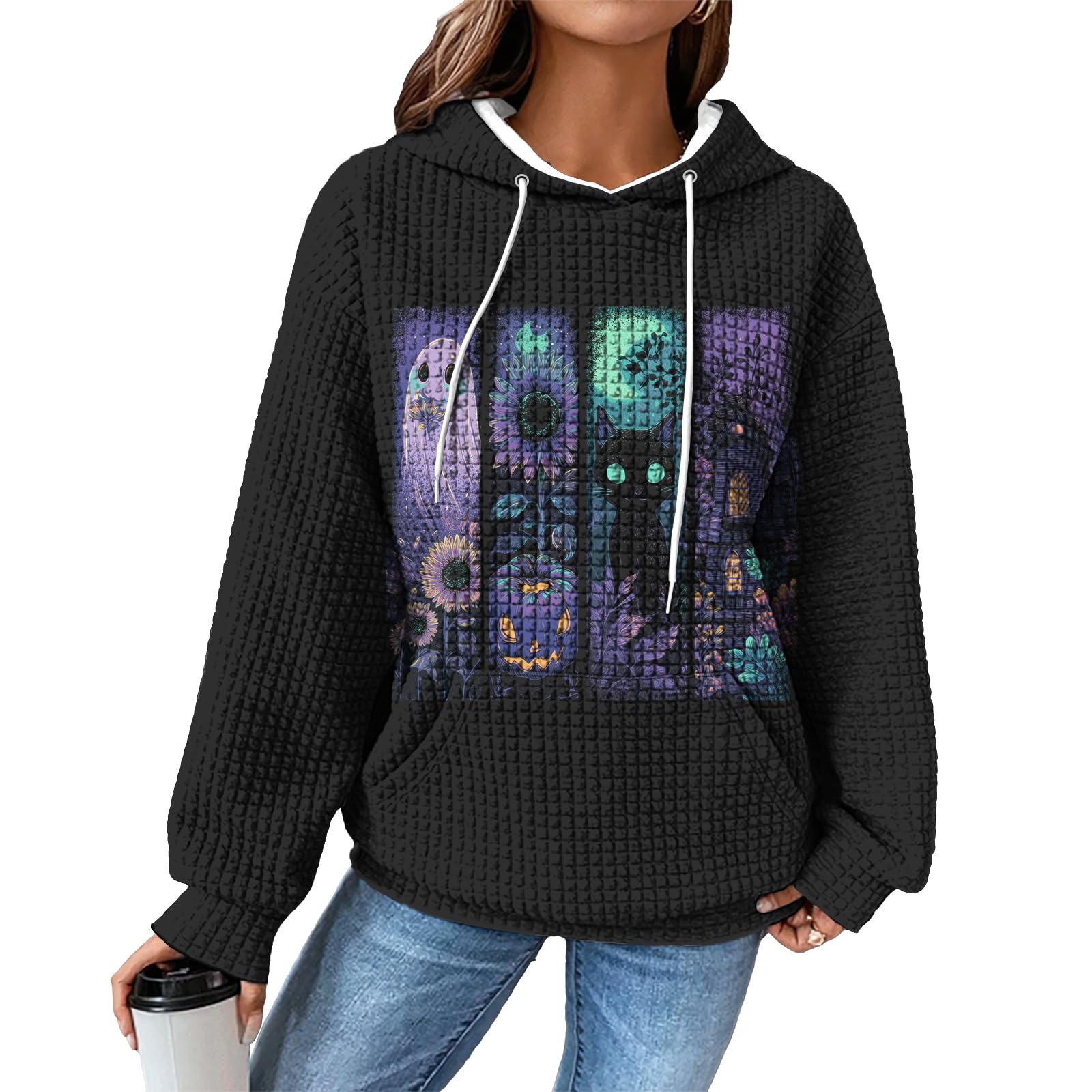 domirica Hoodies for Women Graphic Waffle Pullover Tops Crewneck Drawstring Casual Hooded Sweatshirt with Pocket