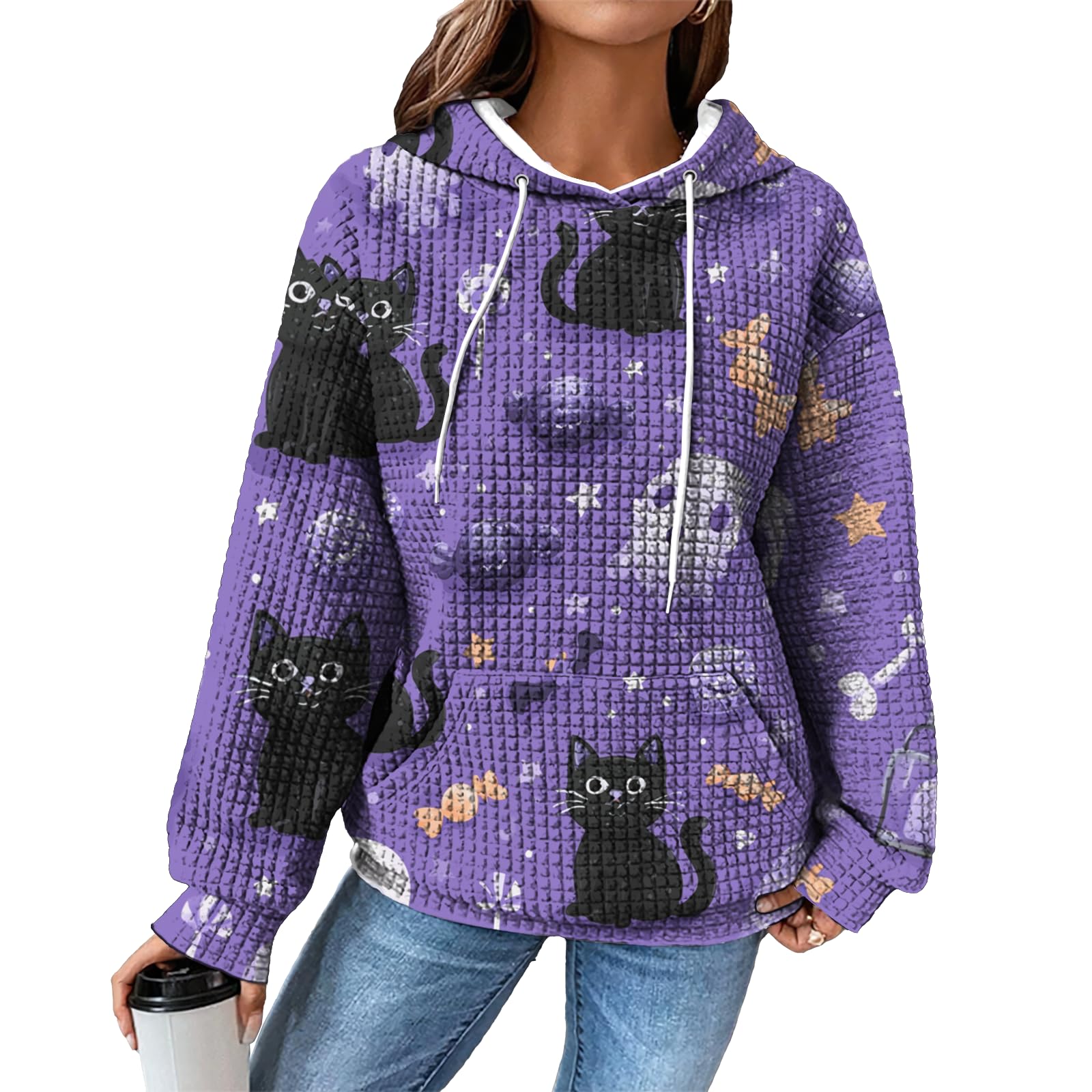 domirica Hoodies for Women Graphic Waffle Pullover Tops Crewneck Drawstring Casual Hooded Sweatshirt with Pocket