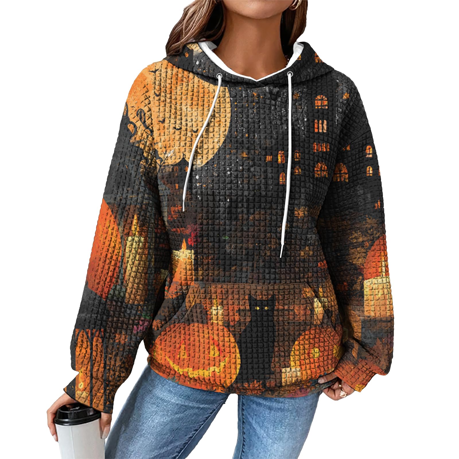 domirica Hoodies for Women Graphic Waffle Pullover Tops Crewneck Drawstring Casual Hooded Sweatshirt with Pocket