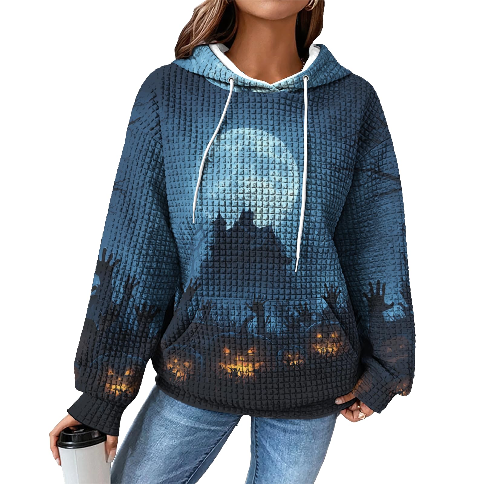 domirica Hoodies for Women Graphic Waffle Pullover Tops Crewneck Drawstring Casual Hooded Sweatshirt with Pocket