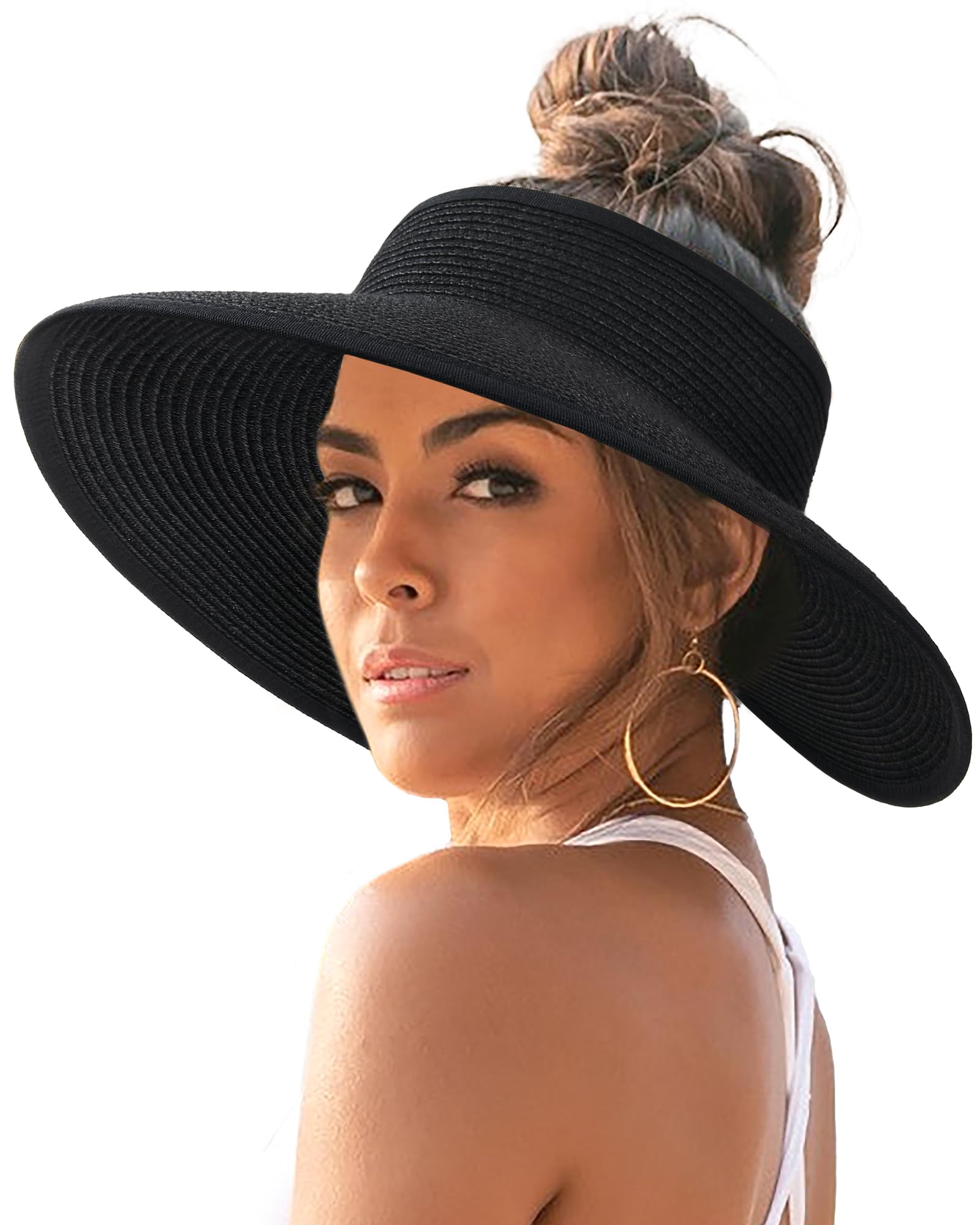 FURTALK Sun Hats for Women Wide Brim Beach Hat Straw Visor Ponytail Summer UV Packable Foldable Beach Vacation Essentials