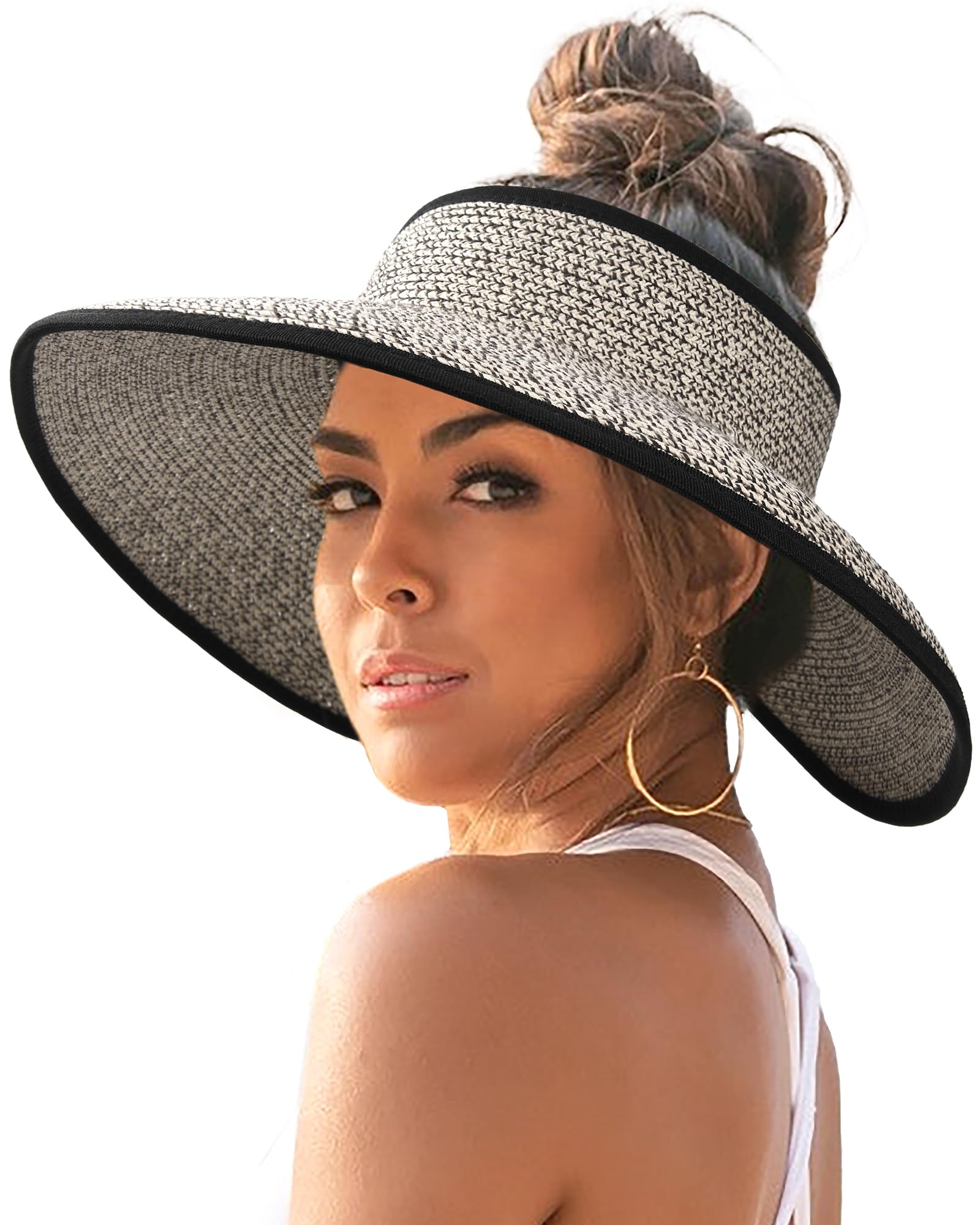 FURTALK Sun Hats for Women Wide Brim Beach Hat Straw Visor Ponytail Summer UV Packable Foldable Beach Vacation Essentials