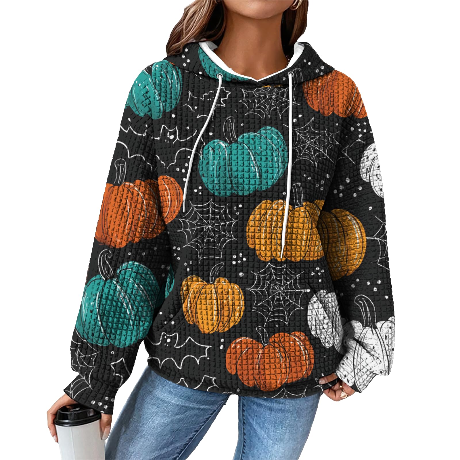 domirica Hoodies for Women Graphic Waffle Pullover Tops Crewneck Drawstring Casual Hooded Sweatshirt with Pocket