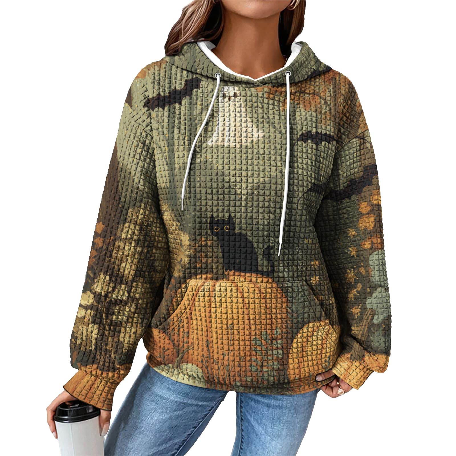 domirica Hoodies for Women Graphic Waffle Pullover Tops Crewneck Drawstring Casual Hooded Sweatshirt with Pocket