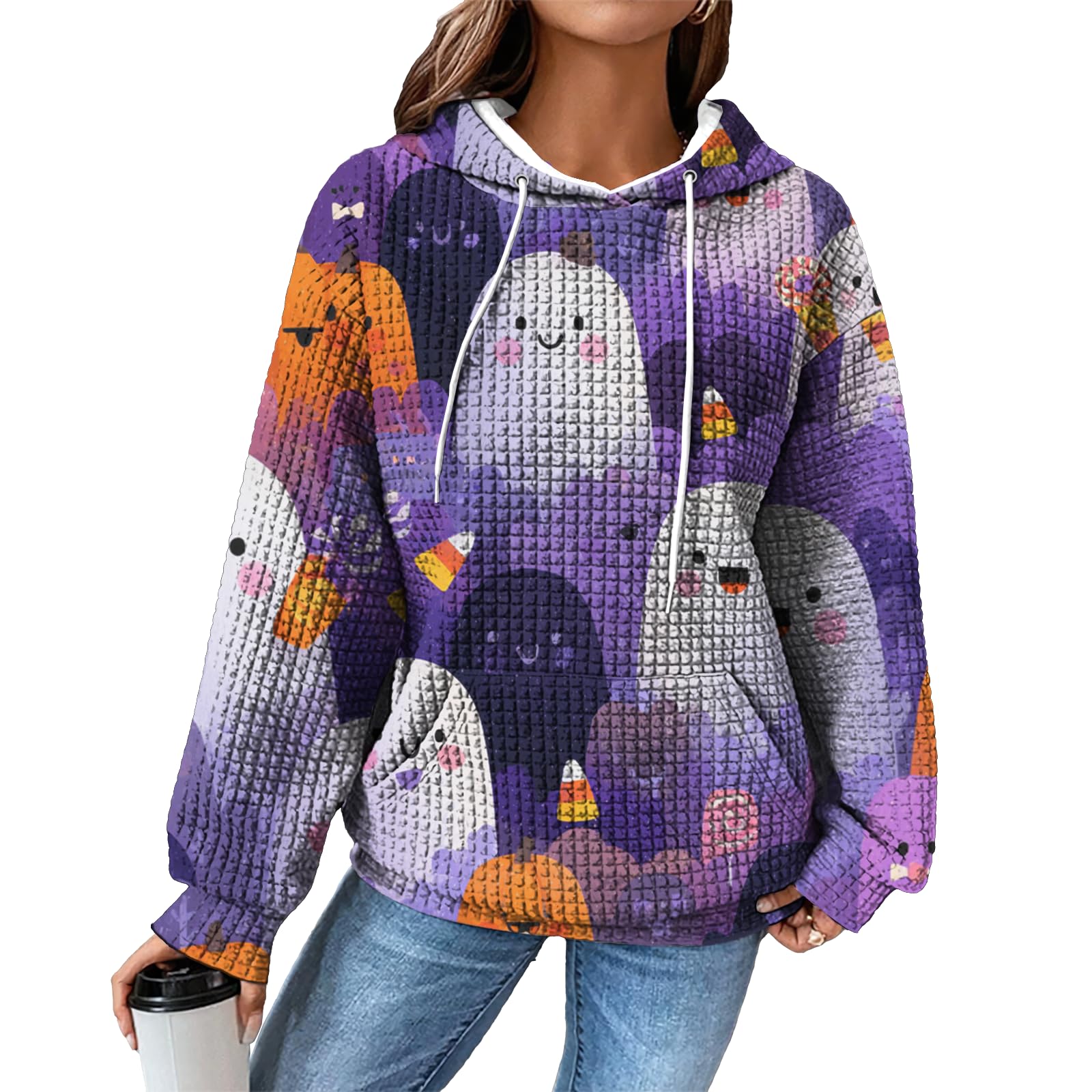 domirica Hoodies for Women Graphic Waffle Pullover Tops Crewneck Drawstring Casual Hooded Sweatshirt with Pocket