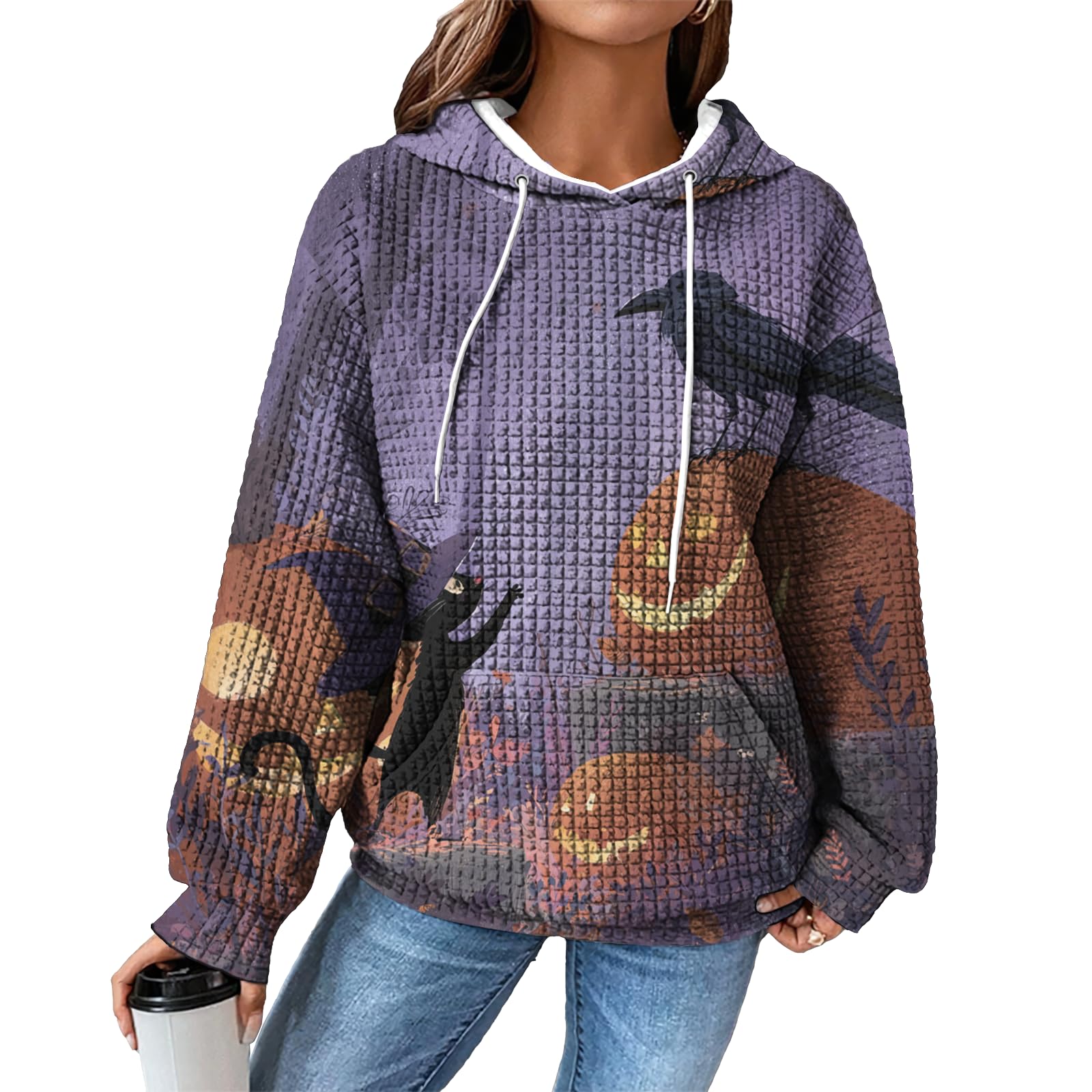 domirica Hoodies for Women Graphic Waffle Pullover Tops Crewneck Drawstring Casual Hooded Sweatshirt with Pocket