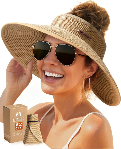 FURTALK Sun Hats for Women Wide Brim Beach Hat Straw Visor Ponytail Summer UV Packable Foldable Beach Vacation Essentials