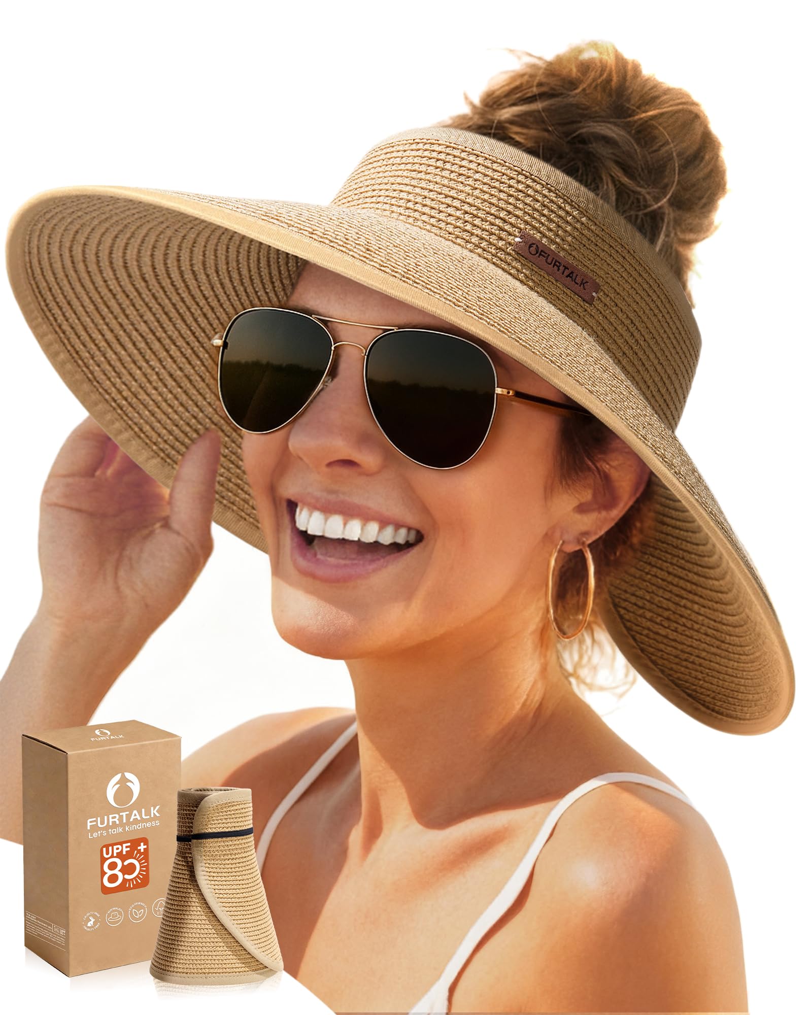 FURTALK Sun Hats for Women Wide Brim Beach Hat Straw Visor Ponytail Summer UV Packable Foldable Beach Vacation Essentials
