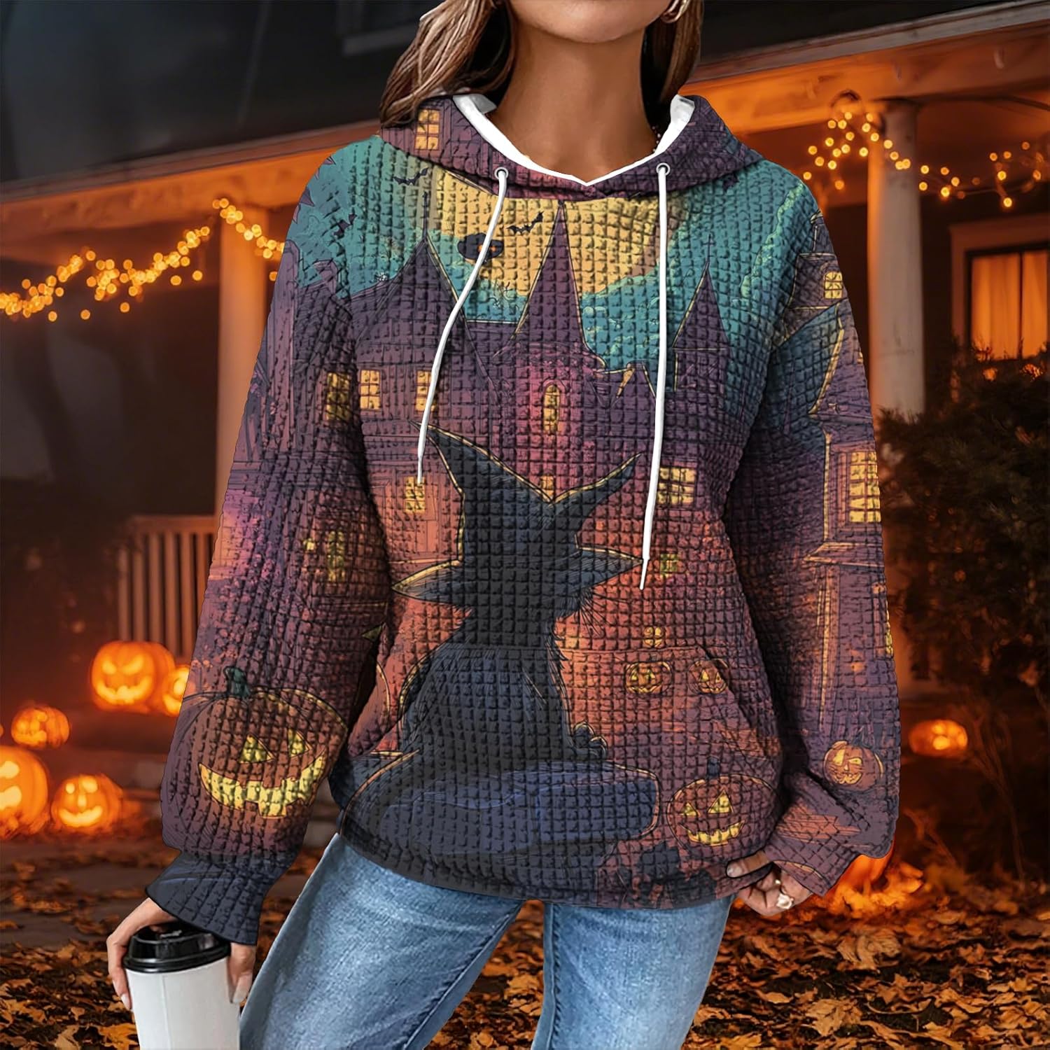 domirica Hoodies for Women Graphic Waffle Pullover Tops Crewneck Drawstring Casual Hooded Sweatshirt with Pocket