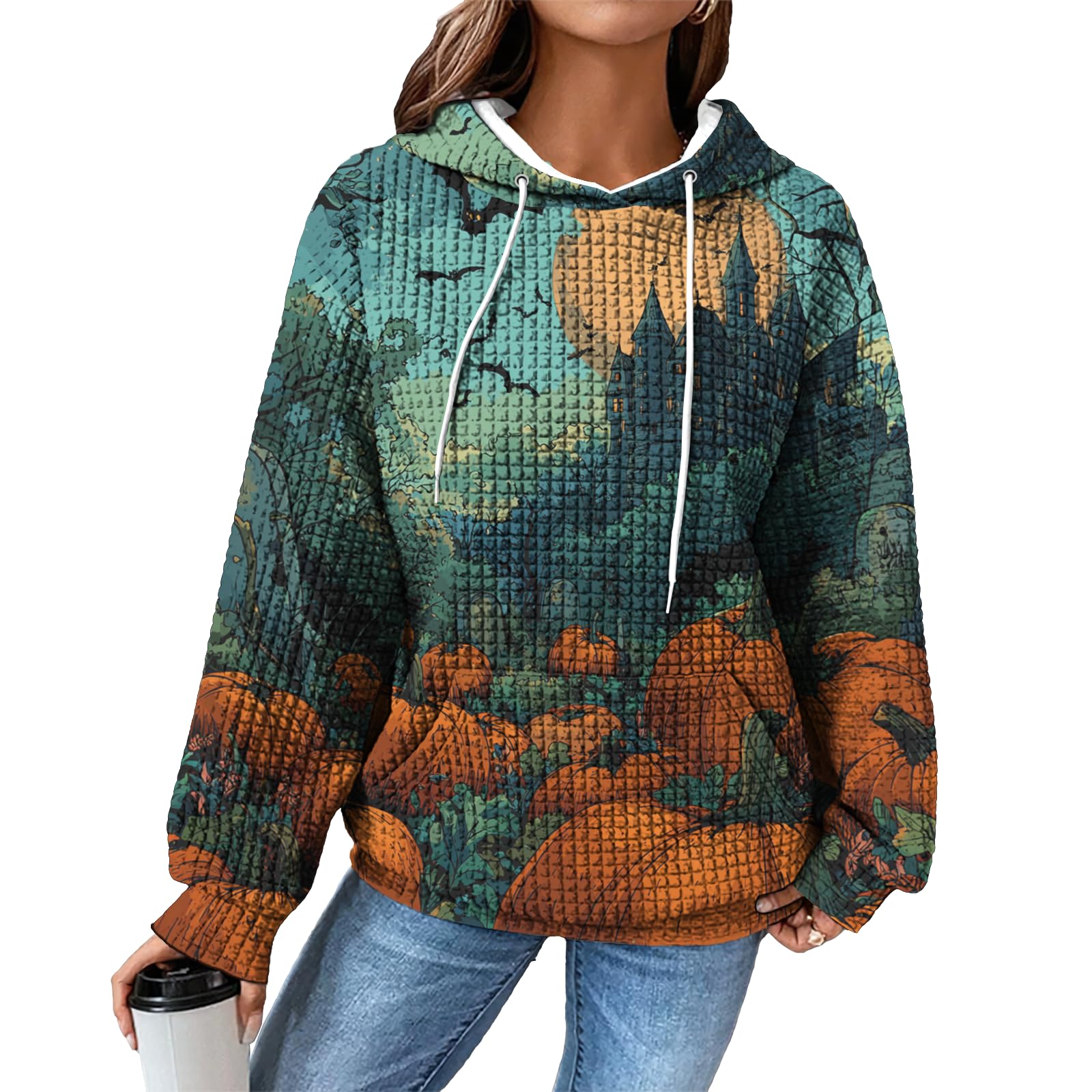 domirica Hoodies for Women Graphic Waffle Pullover Tops Crewneck Drawstring Casual Hooded Sweatshirt with Pocket