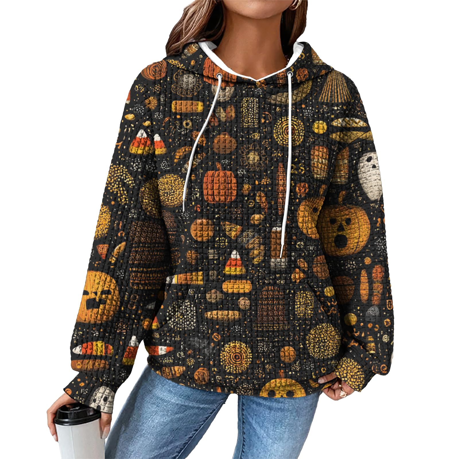 domirica Hoodies for Women Graphic Waffle Pullover Tops Crewneck Drawstring Casual Hooded Sweatshirt with Pocket