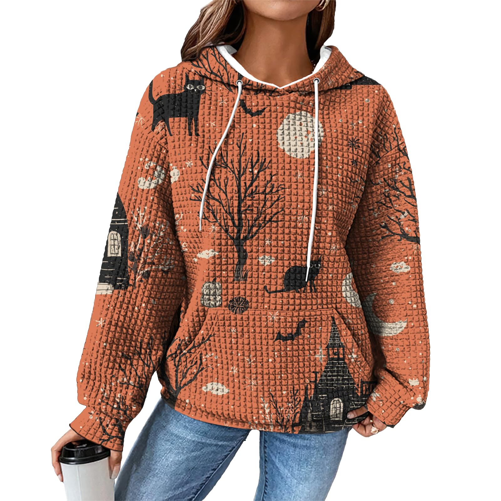 domirica Hoodies for Women Graphic Waffle Pullover Tops Crewneck Drawstring Casual Hooded Sweatshirt with Pocket