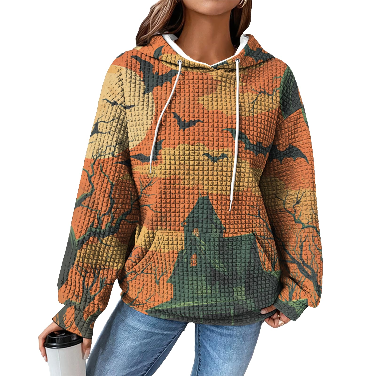 domirica Hoodies for Women Graphic Waffle Pullover Tops Crewneck Drawstring Casual Hooded Sweatshirt with Pocket