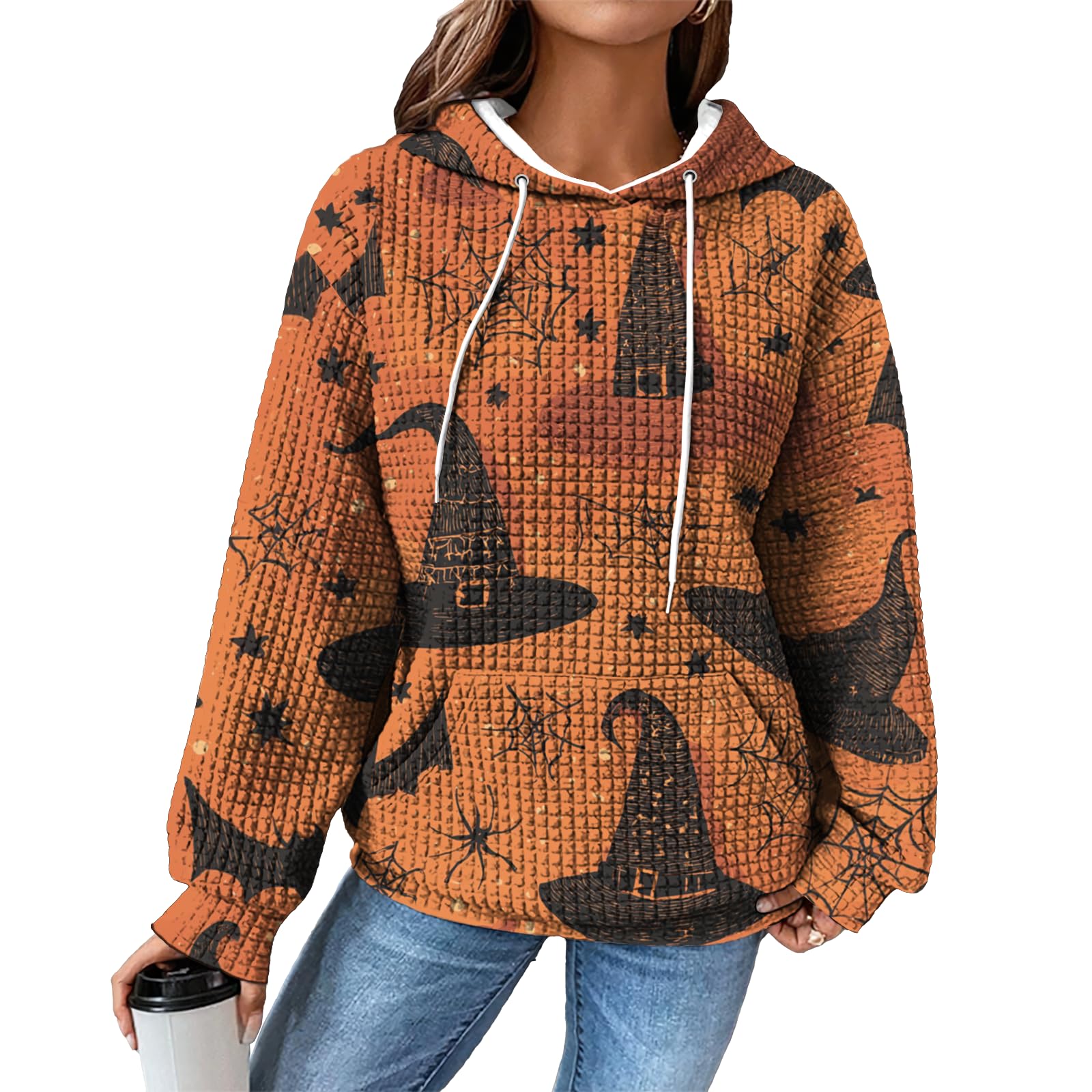 domirica Hoodies for Women Graphic Waffle Pullover Tops Crewneck Drawstring Casual Hooded Sweatshirt with Pocket