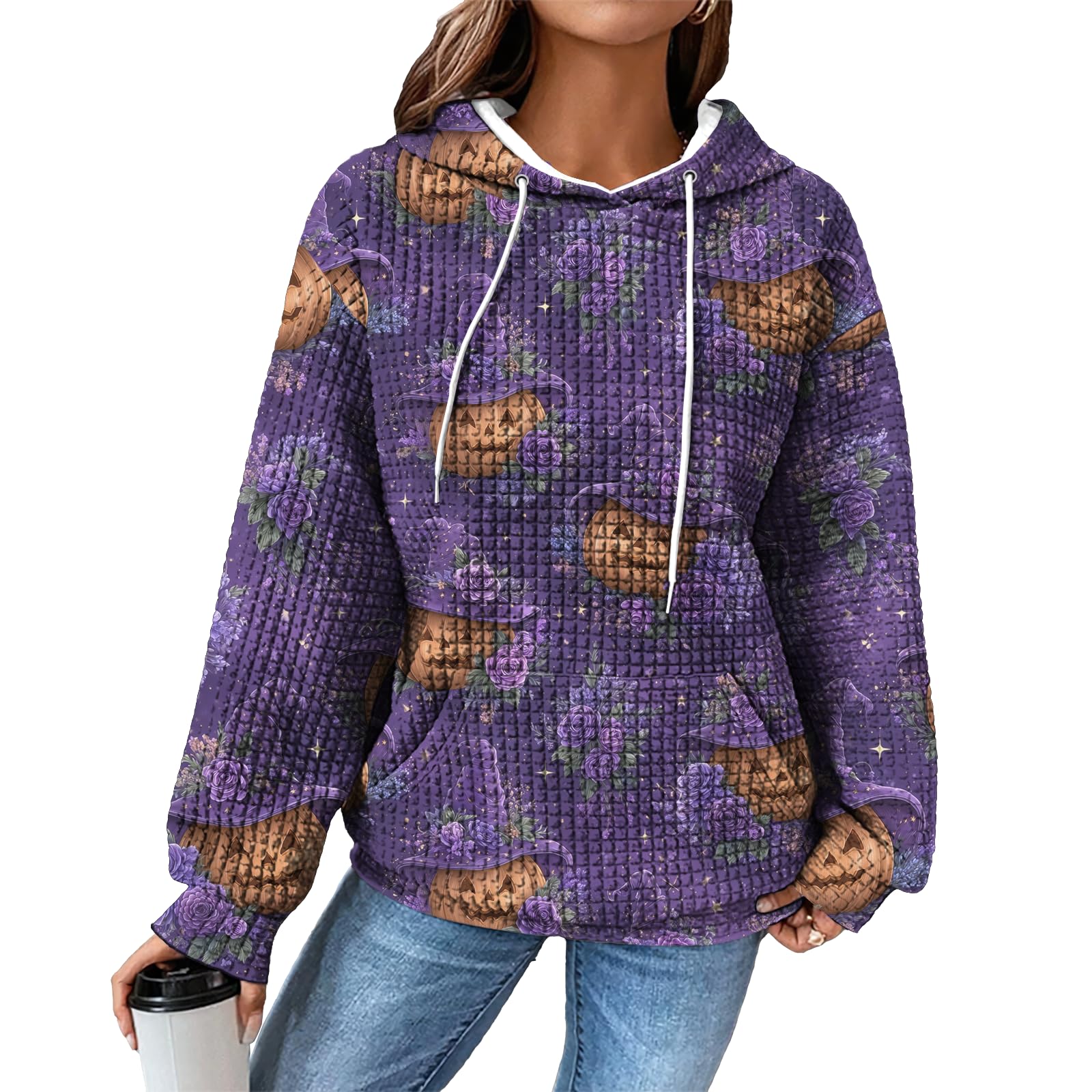 domirica Hoodies for Women Graphic Waffle Pullover Tops Crewneck Drawstring Casual Hooded Sweatshirt with Pocket