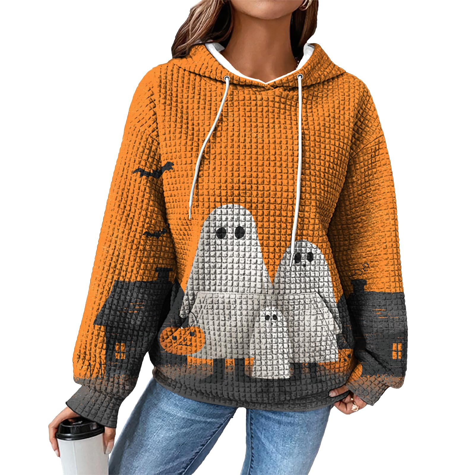 domirica Hoodies for Women Graphic Waffle Pullover Tops Crewneck Drawstring Casual Hooded Sweatshirt with Pocket