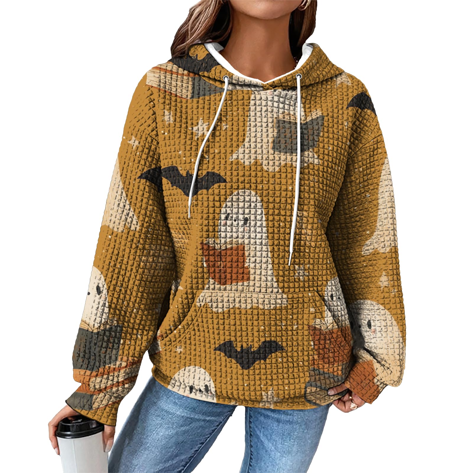 domirica Hoodies for Women Graphic Waffle Pullover Tops Crewneck Drawstring Casual Hooded Sweatshirt with Pocket