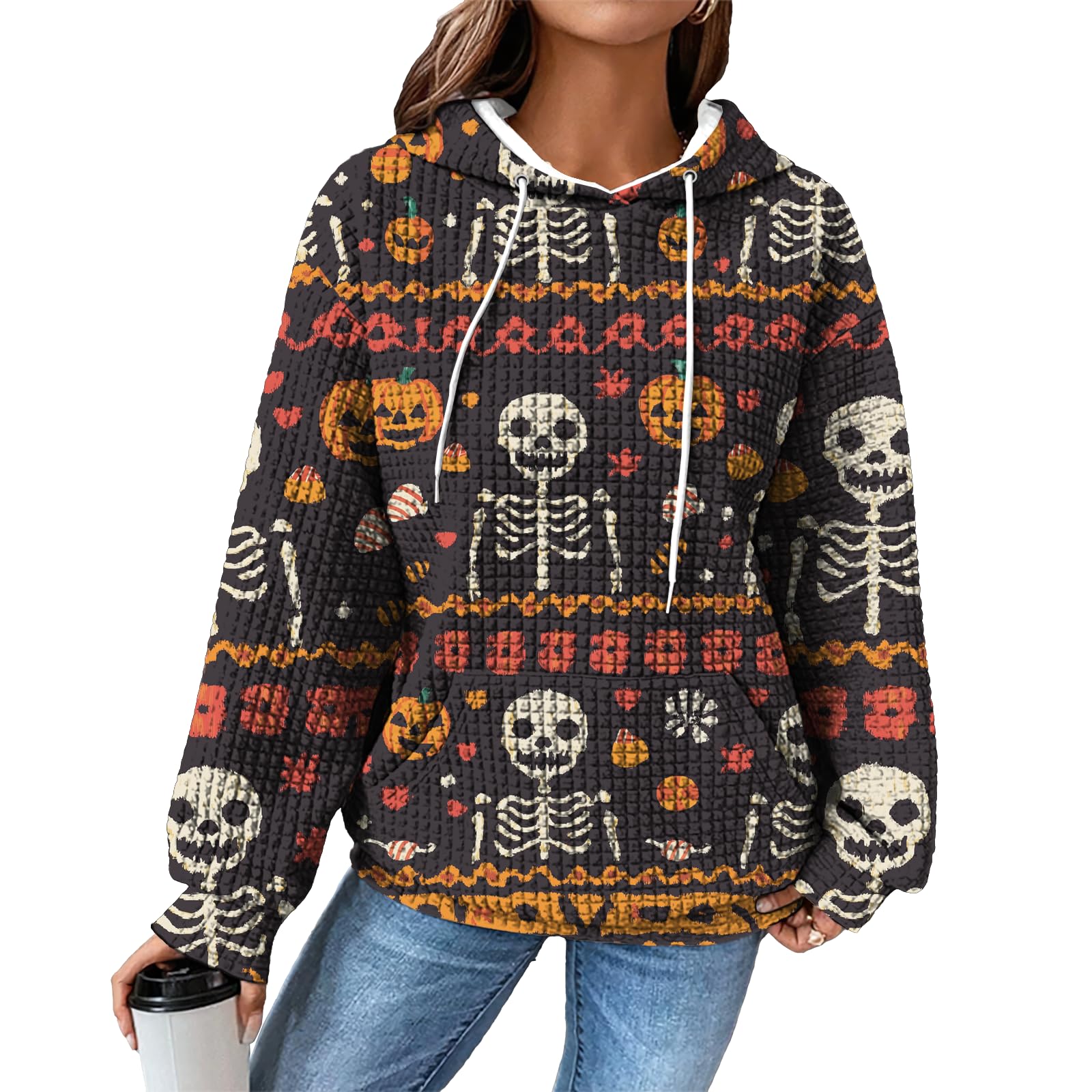 domirica Hoodies for Women Graphic Waffle Pullover Tops Crewneck Drawstring Casual Hooded Sweatshirt with Pocket