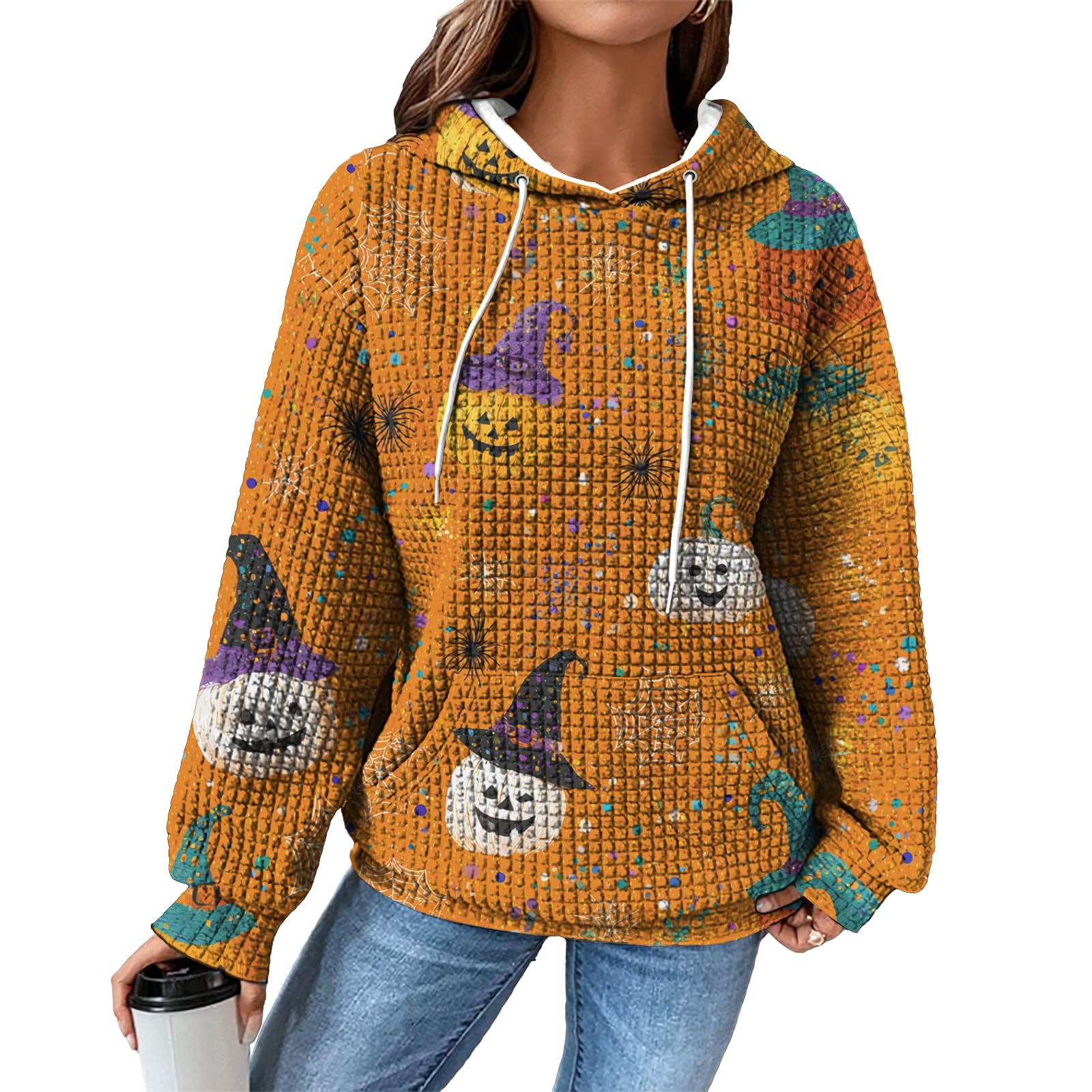 domirica Hoodies for Women Graphic Waffle Pullover Tops Crewneck Drawstring Casual Hooded Sweatshirt with Pocket