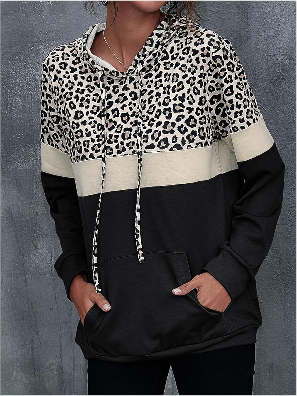 Milumia Women's Leopard Print Hoodies Color Block Long Sleeve Drawstring Sweatshirt with Pockets