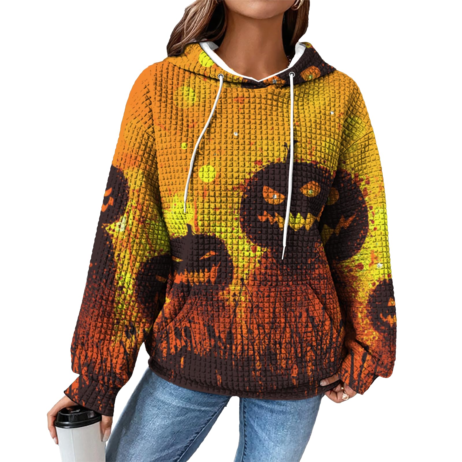 domirica Hoodies for Women Graphic Waffle Pullover Tops Crewneck Drawstring Casual Hooded Sweatshirt with Pocket