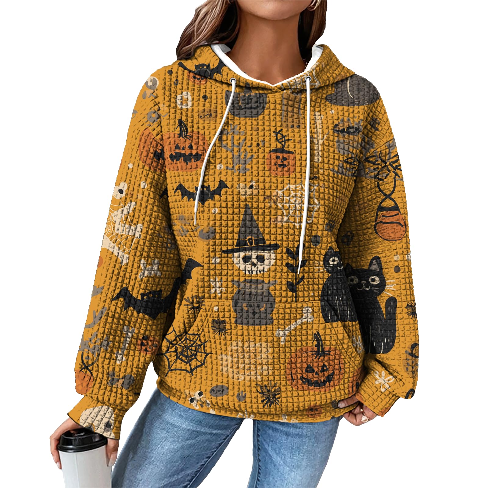domirica Hoodies for Women Graphic Waffle Pullover Tops Crewneck Drawstring Casual Hooded Sweatshirt with Pocket