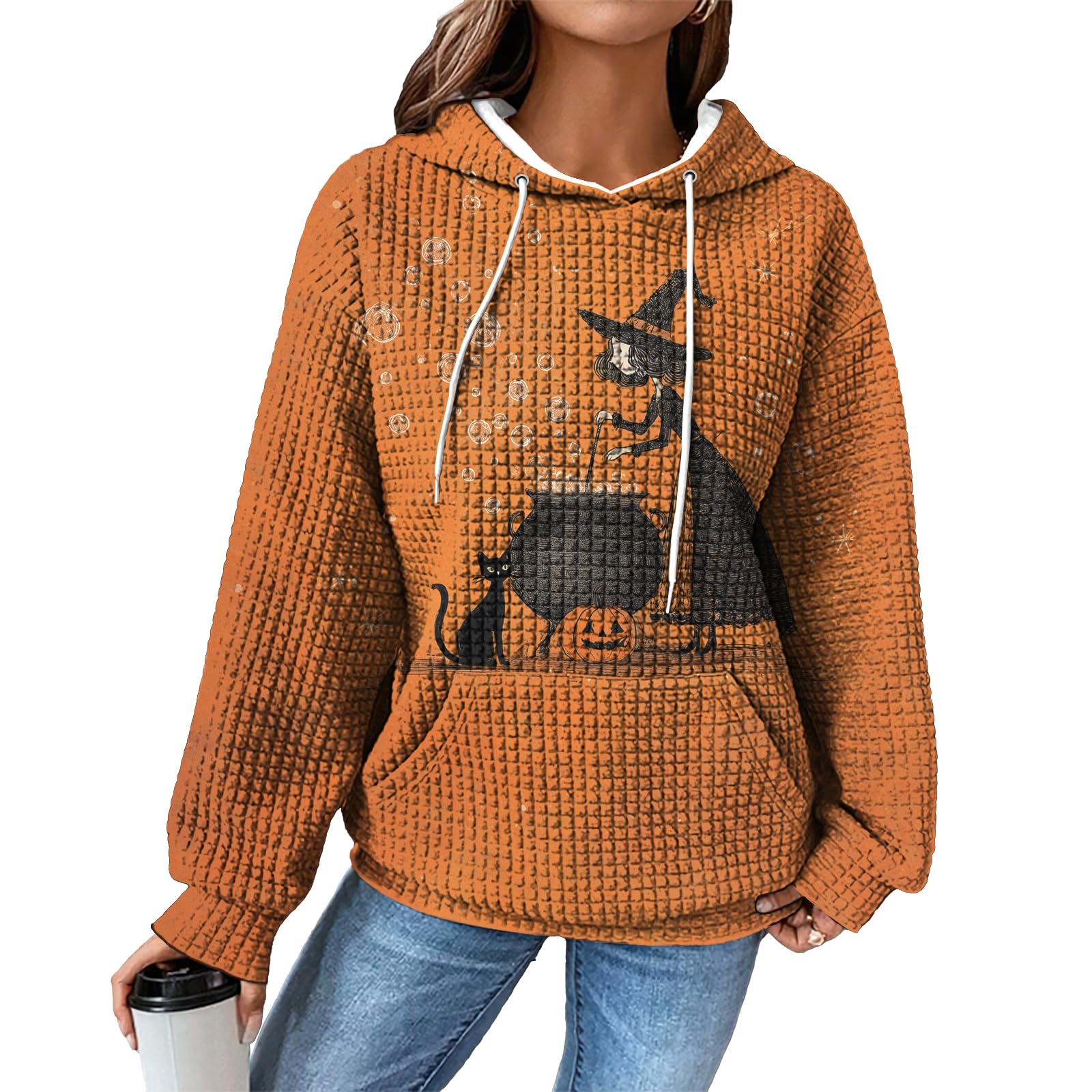 domirica Hoodies for Women Graphic Waffle Pullover Tops Crewneck Drawstring Casual Hooded Sweatshirt with Pocket