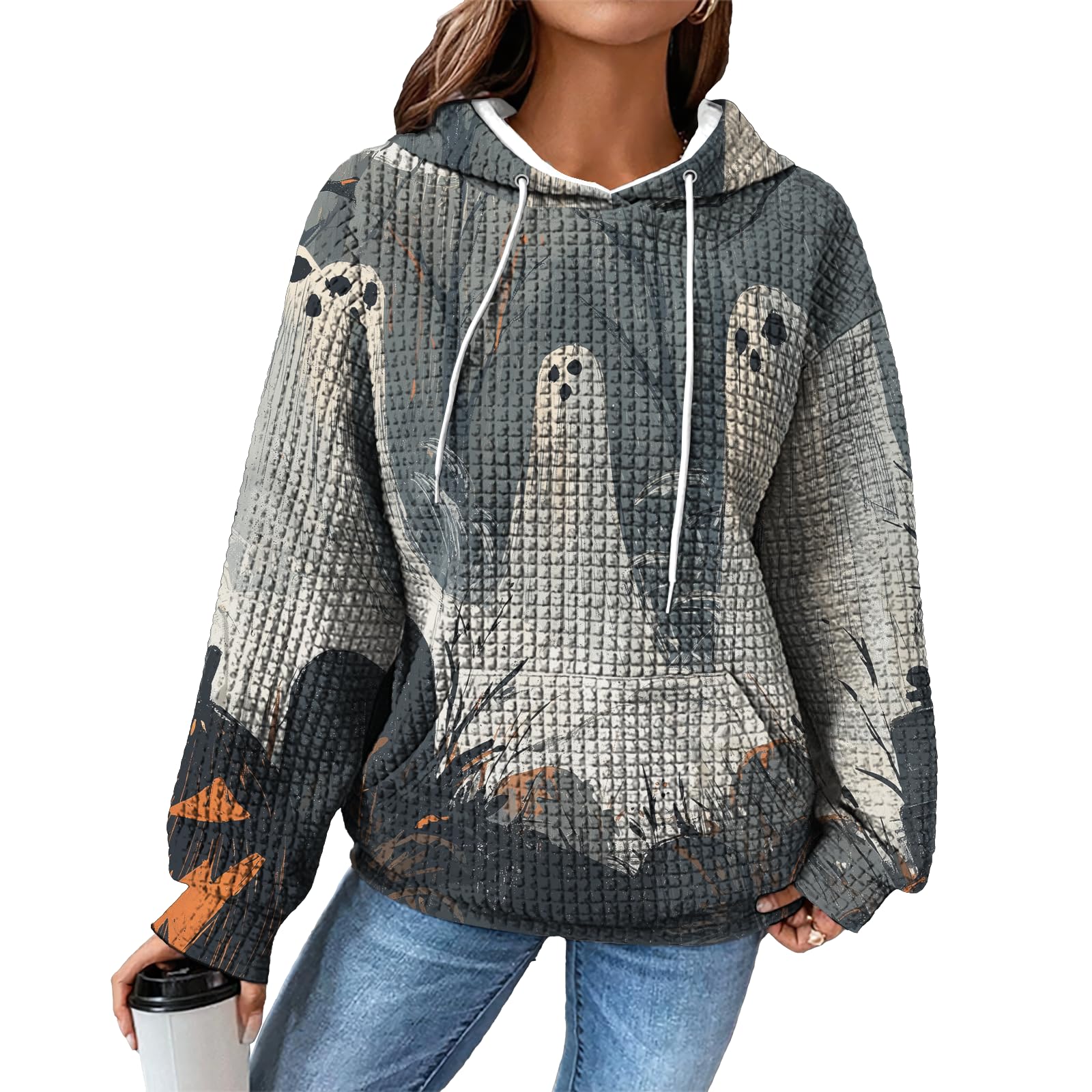 domirica Hoodies for Women Graphic Waffle Pullover Tops Crewneck Drawstring Casual Hooded Sweatshirt with Pocket