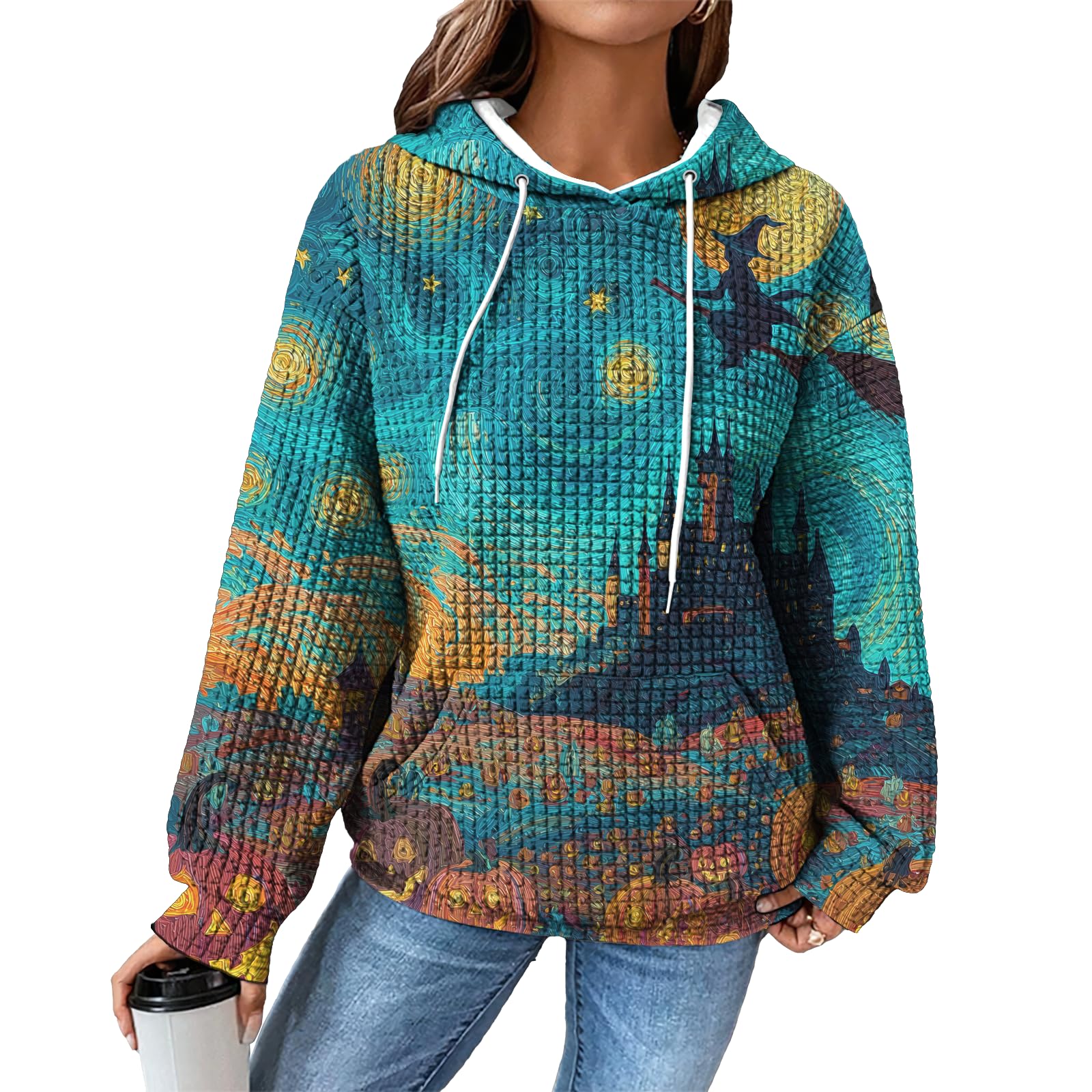 domirica Hoodies for Women Graphic Waffle Pullover Tops Crewneck Drawstring Casual Hooded Sweatshirt with Pocket