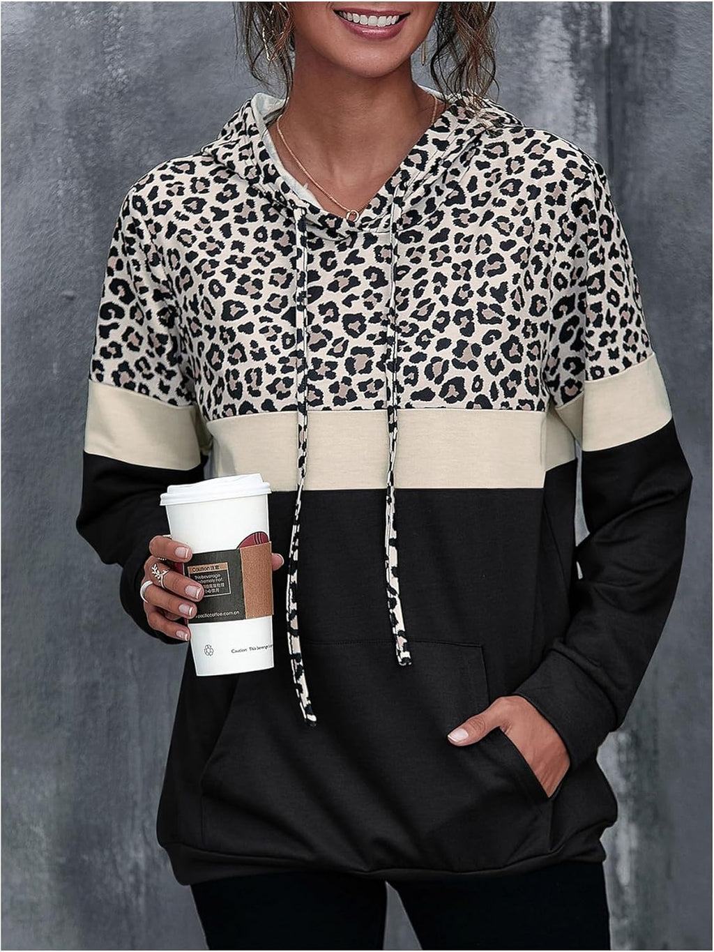Milumia Women's Leopard Print Hoodies Color Block Long Sleeve Drawstring Sweatshirt with Pockets