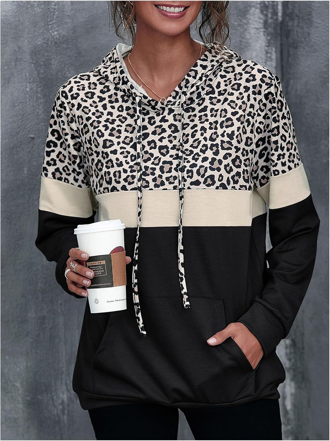 Milumia Women's Leopard Print Hoodies Color Block Long Sleeve Drawstring Sweatshirt with Pockets