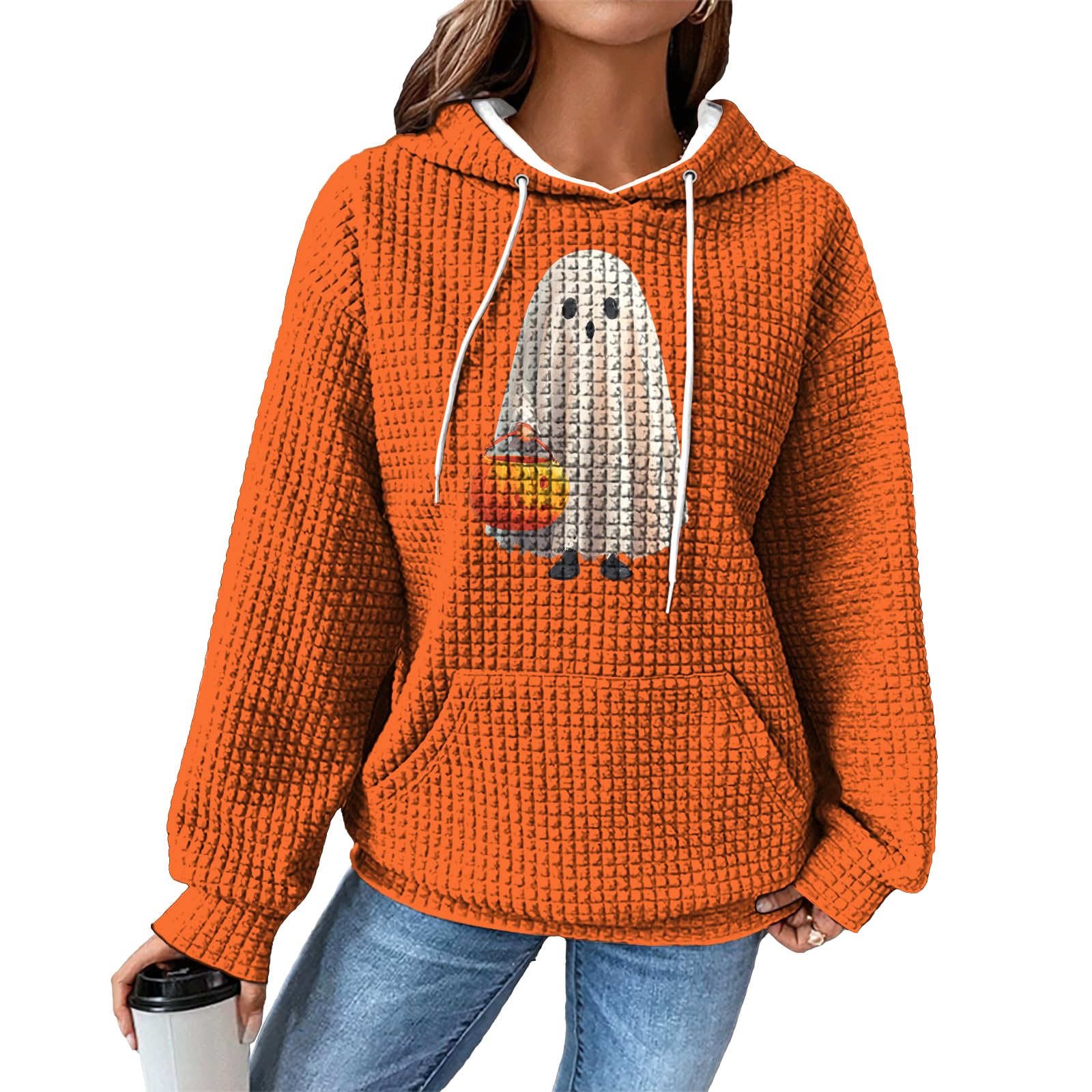 domirica Hoodies for Women Graphic Waffle Pullover Tops Crewneck Drawstring Casual Hooded Sweatshirt with Pocket